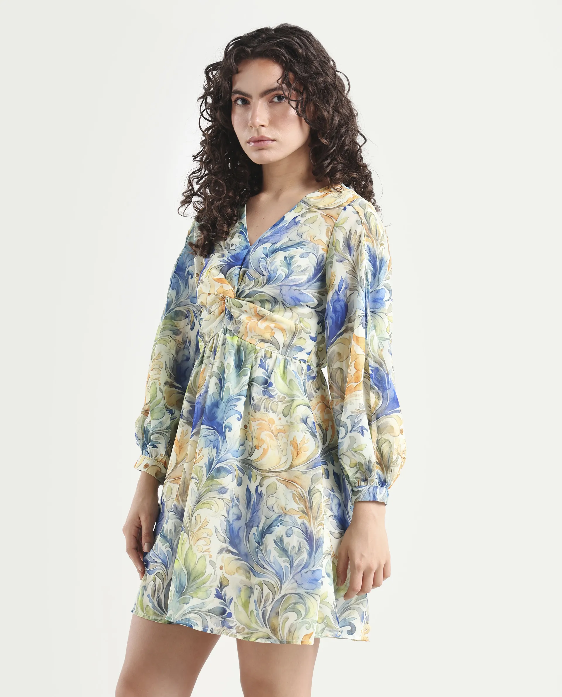 Rareism Women's Paistley Pastel Pink Polyester V-Neck Abstract Print Bishop Sleeve Mini Fit And Flare Dress - Image 5