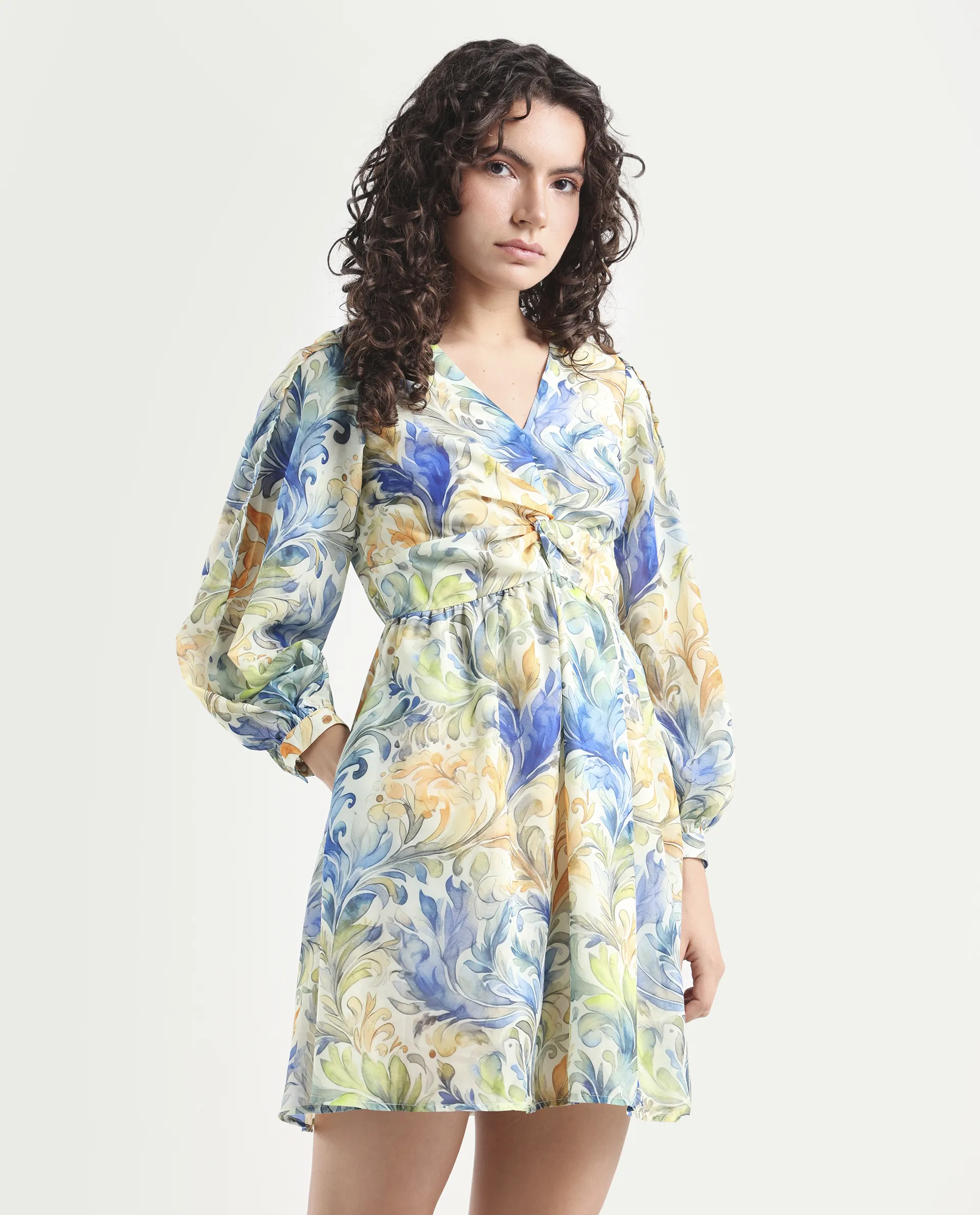 Rareism Women's Paistley Pastel Pink Polyester V-Neck Abstract Print Bishop Sleeve Mini Fit And Flare Dress - Image 6