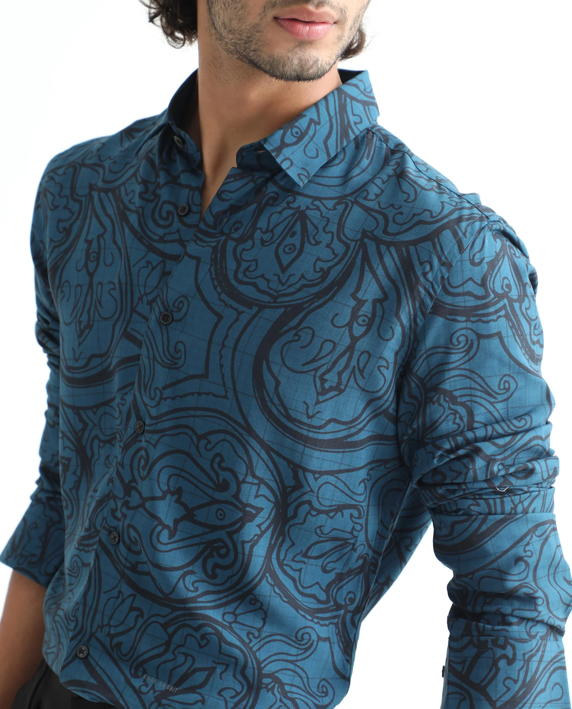 Rare Rabbit Men's Paisum Dark Blue Viscose Paisley Print Regular Fit Full Sleeve Collared Shirt - Image 4