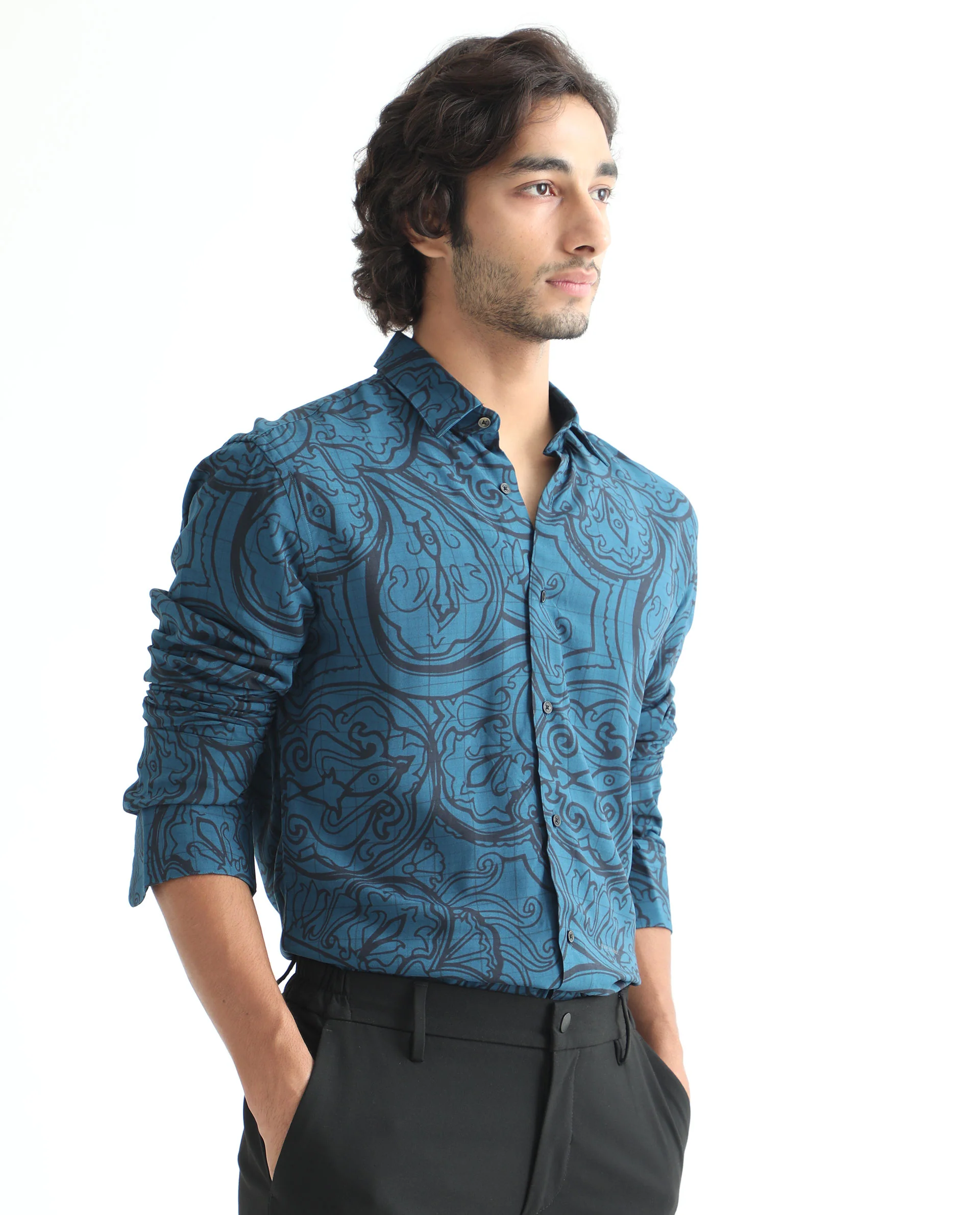 Rare Rabbit Men's Paisum Dark Blue Viscose Paisley Print Regular Fit Full Sleeve Collared Shirt - Image 8