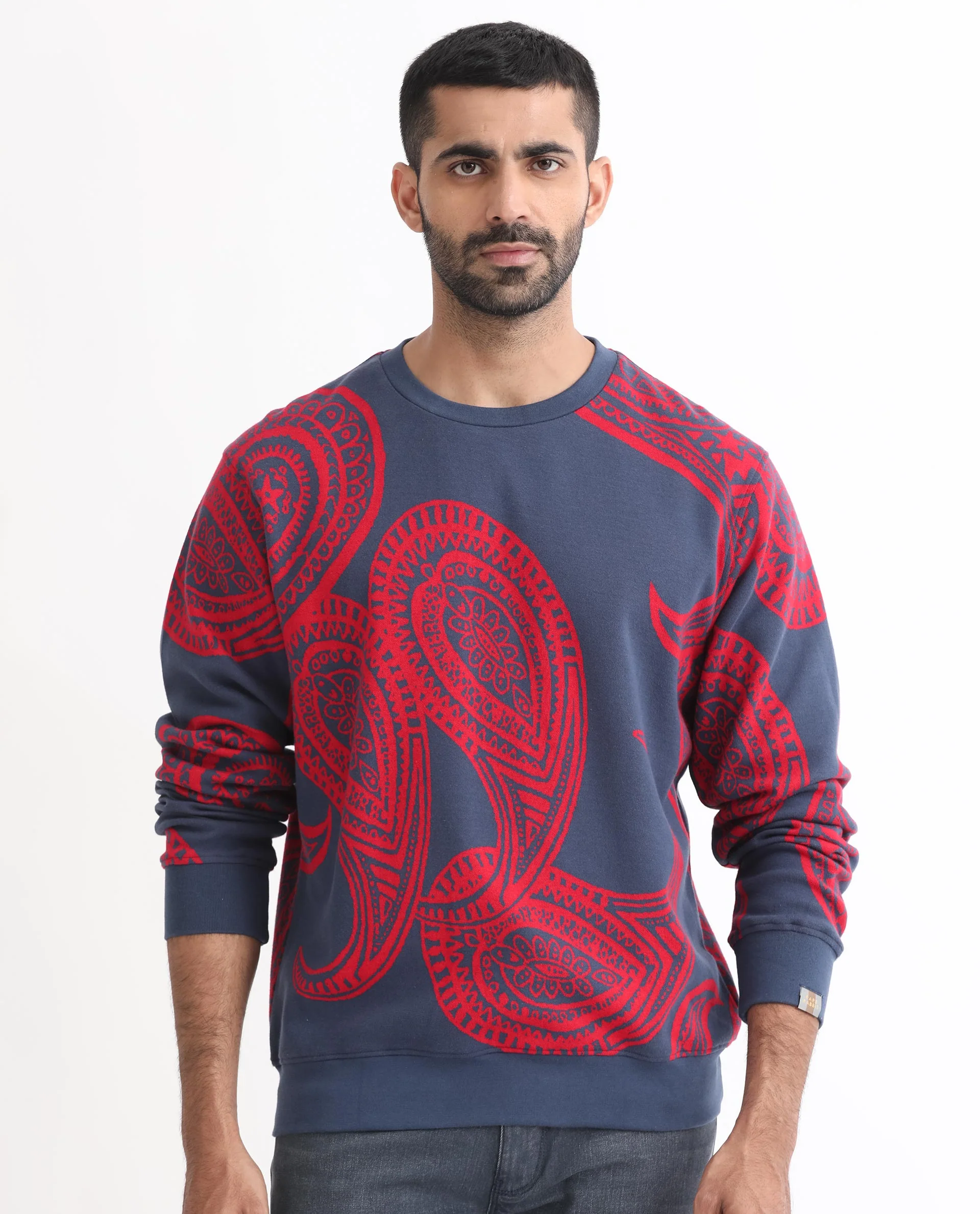 Rare Rabbit Men's Paiza Dusky Blue Cotton Paisley Print Relaxed Fit Full Sleeve Crew Neck Sweatshirt - Image 3