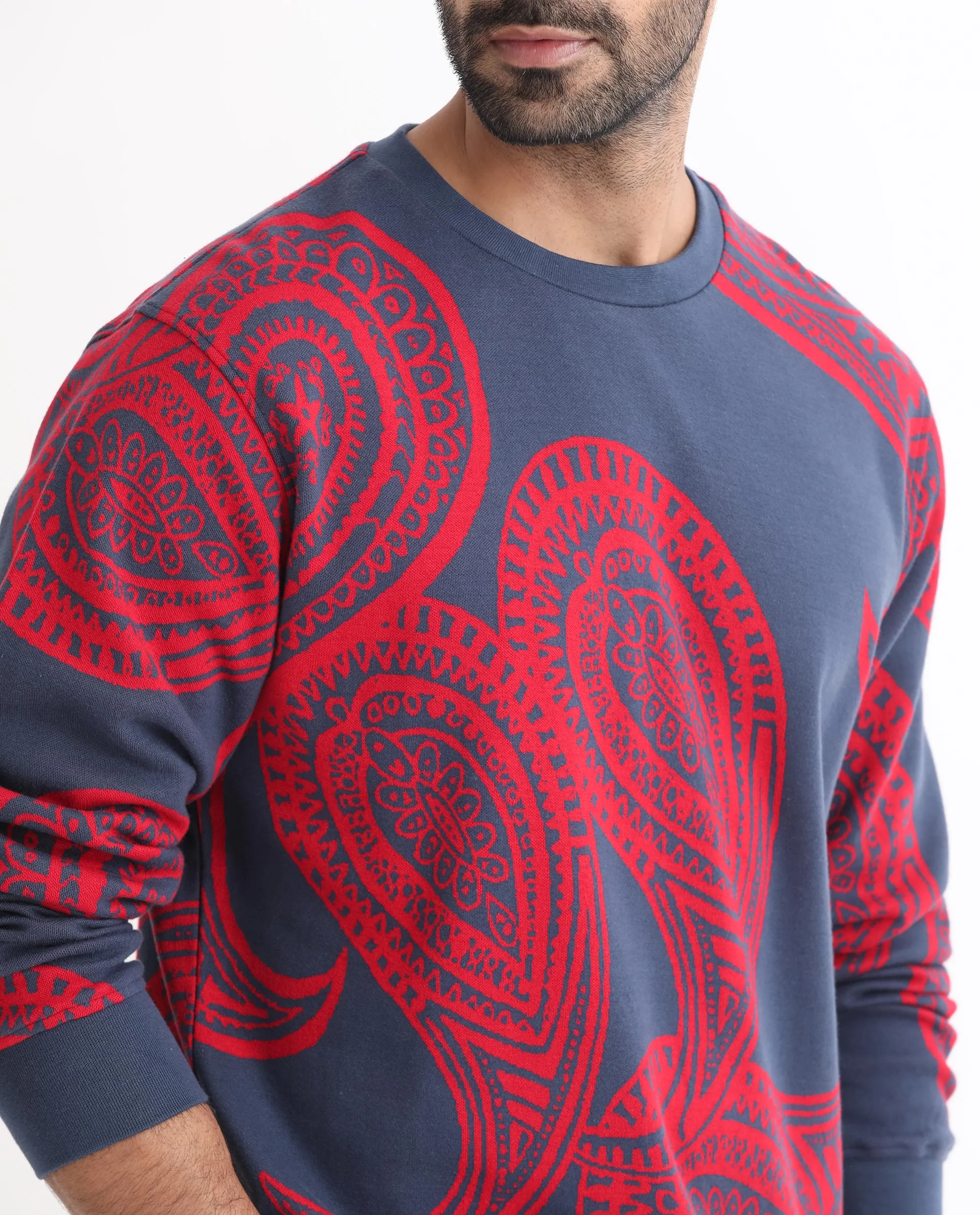 Rare Rabbit Men's Paiza Dusky Blue Cotton Paisley Print Relaxed Fit Full Sleeve Crew Neck Sweatshirt - Image 4