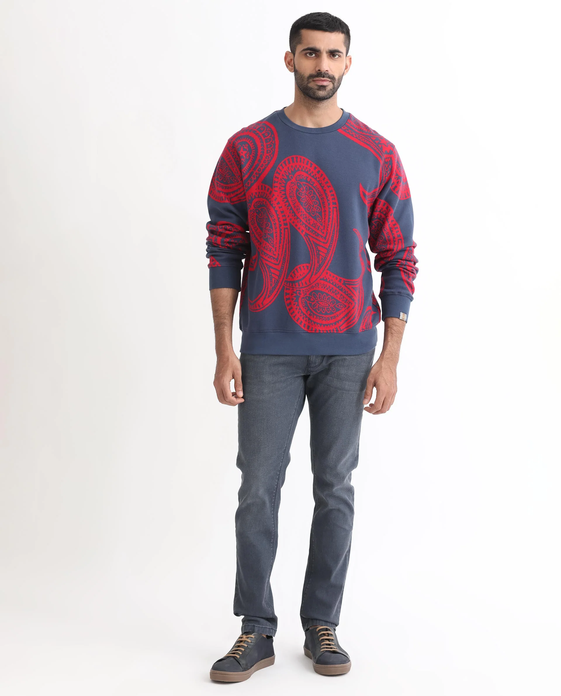 Rare Rabbit Men's Paiza Dusky Blue Cotton Paisley Print Relaxed Fit Full Sleeve Crew Neck Sweatshirt - Image 5