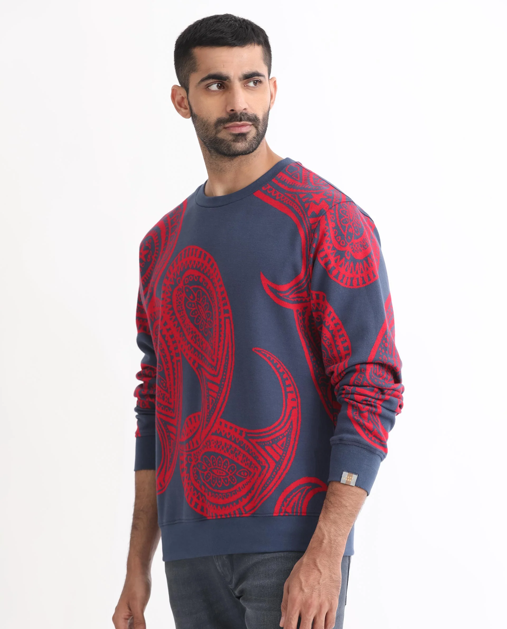 Rare Rabbit Men's Paiza Dusky Blue Cotton Paisley Print Relaxed Fit Full Sleeve Crew Neck Sweatshirt - Image 6