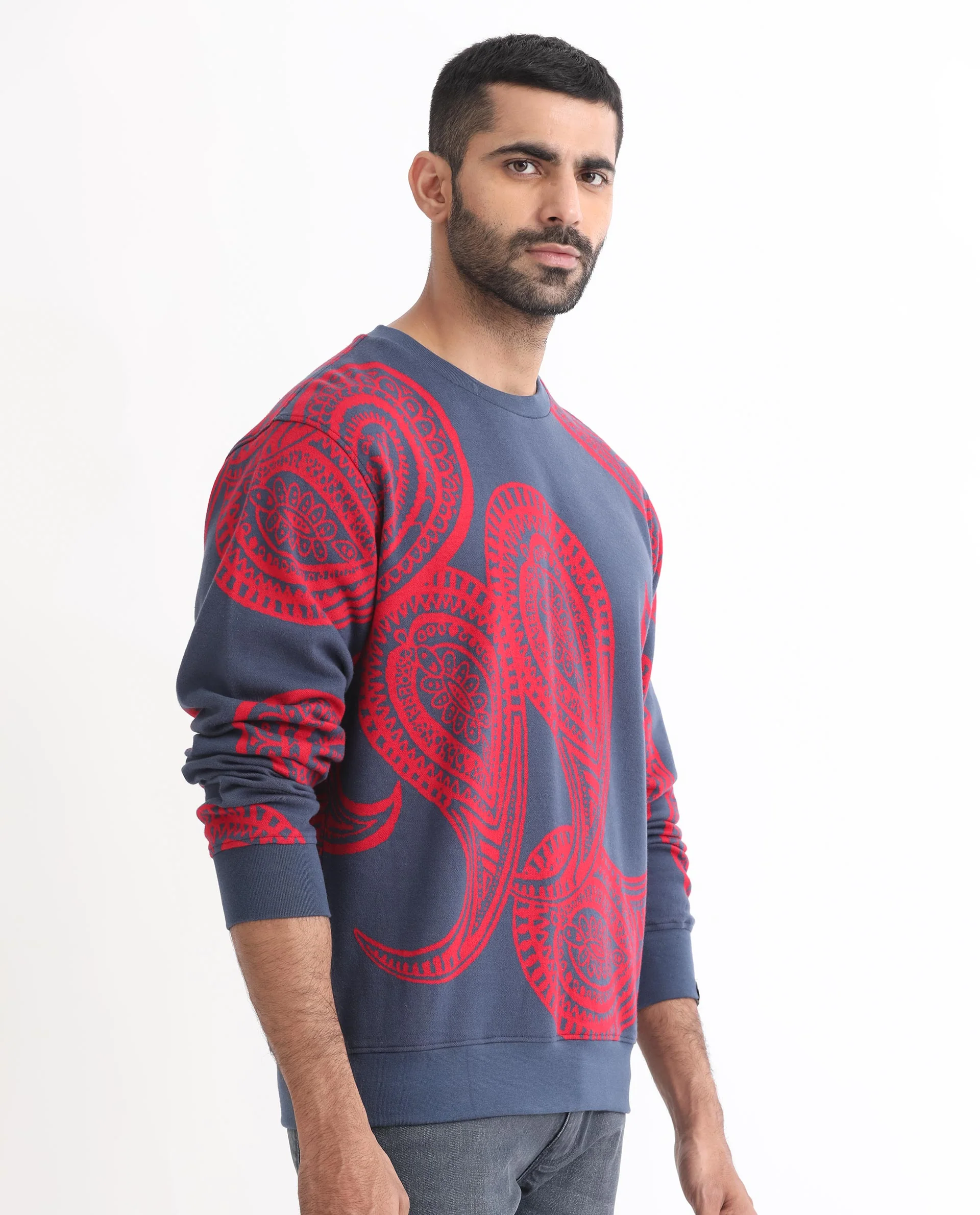 Rare Rabbit Men's Paiza Dusky Blue Cotton Paisley Print Relaxed Fit Full Sleeve Crew Neck Sweatshirt - Image 7