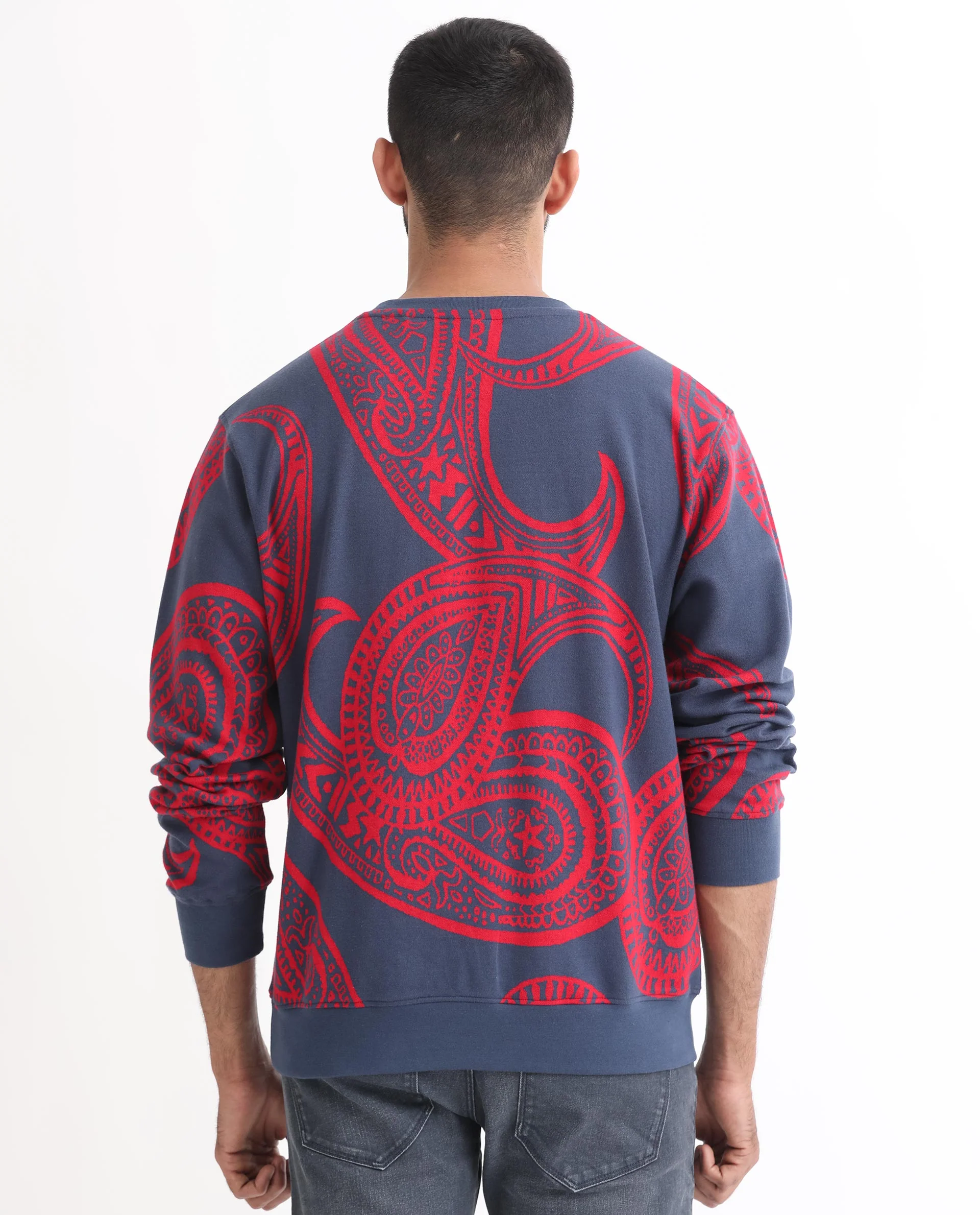 Rare Rabbit Men's Paiza Dusky Blue Cotton Paisley Print Relaxed Fit Full Sleeve Crew Neck Sweatshirt - Image 8