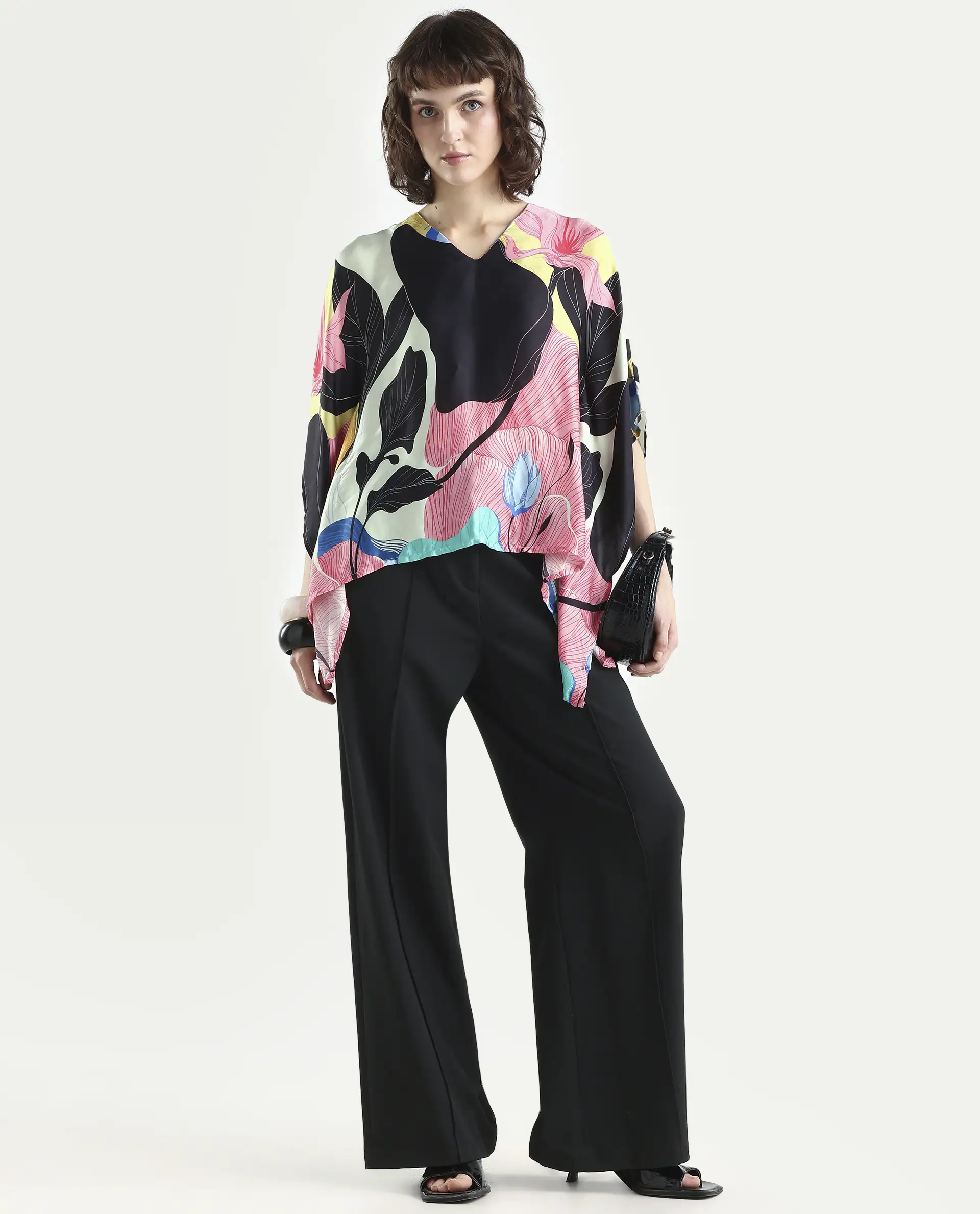 Rareism Women's Palace Offwhite Modal Blend V-Neck Abstract Print Bell Sleeve Relaxed Fit Top - Image 2