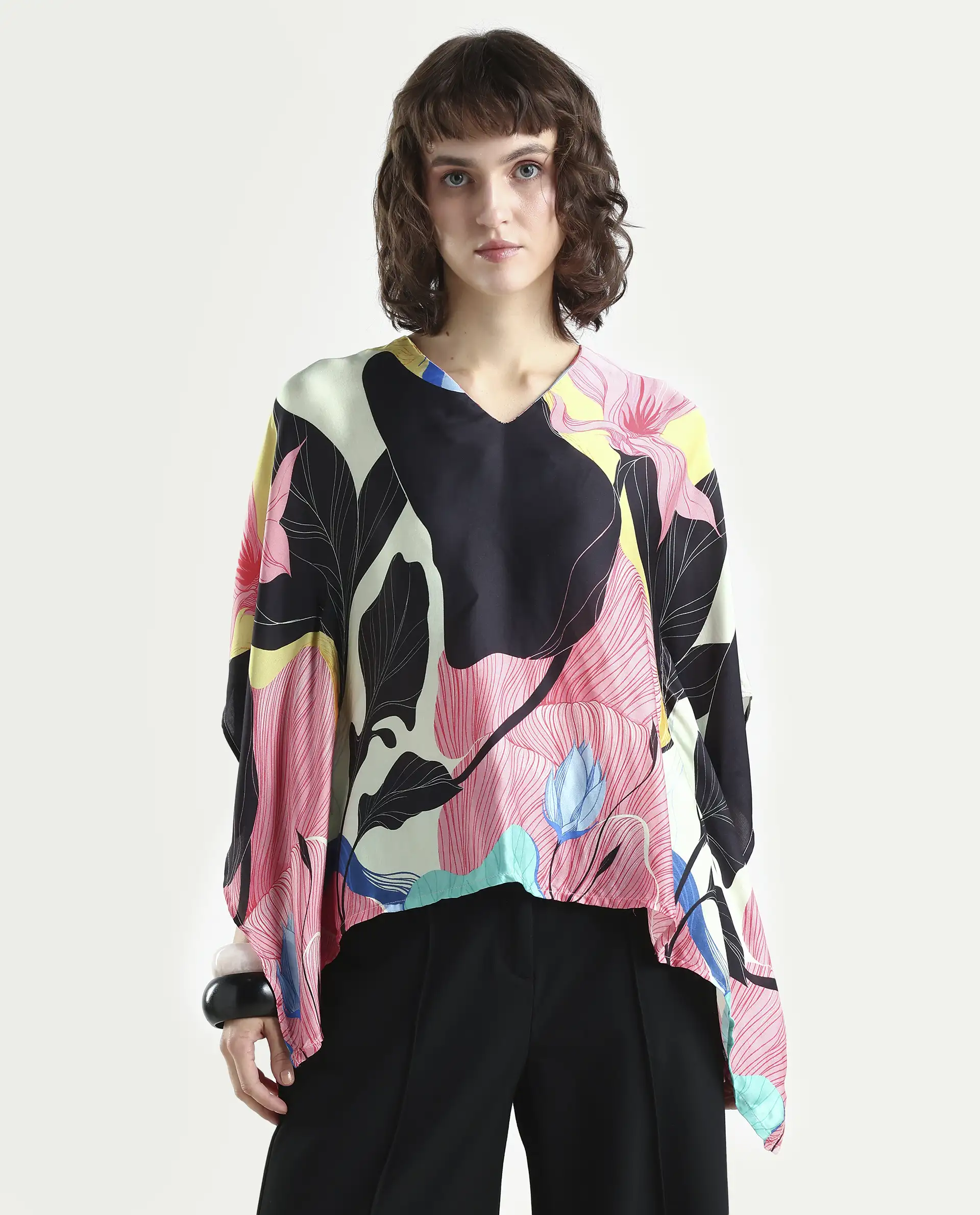 Rareism Women's Palace Offwhite Modal Blend V-Neck Abstract Print Bell Sleeve Relaxed Fit Top - Image 3