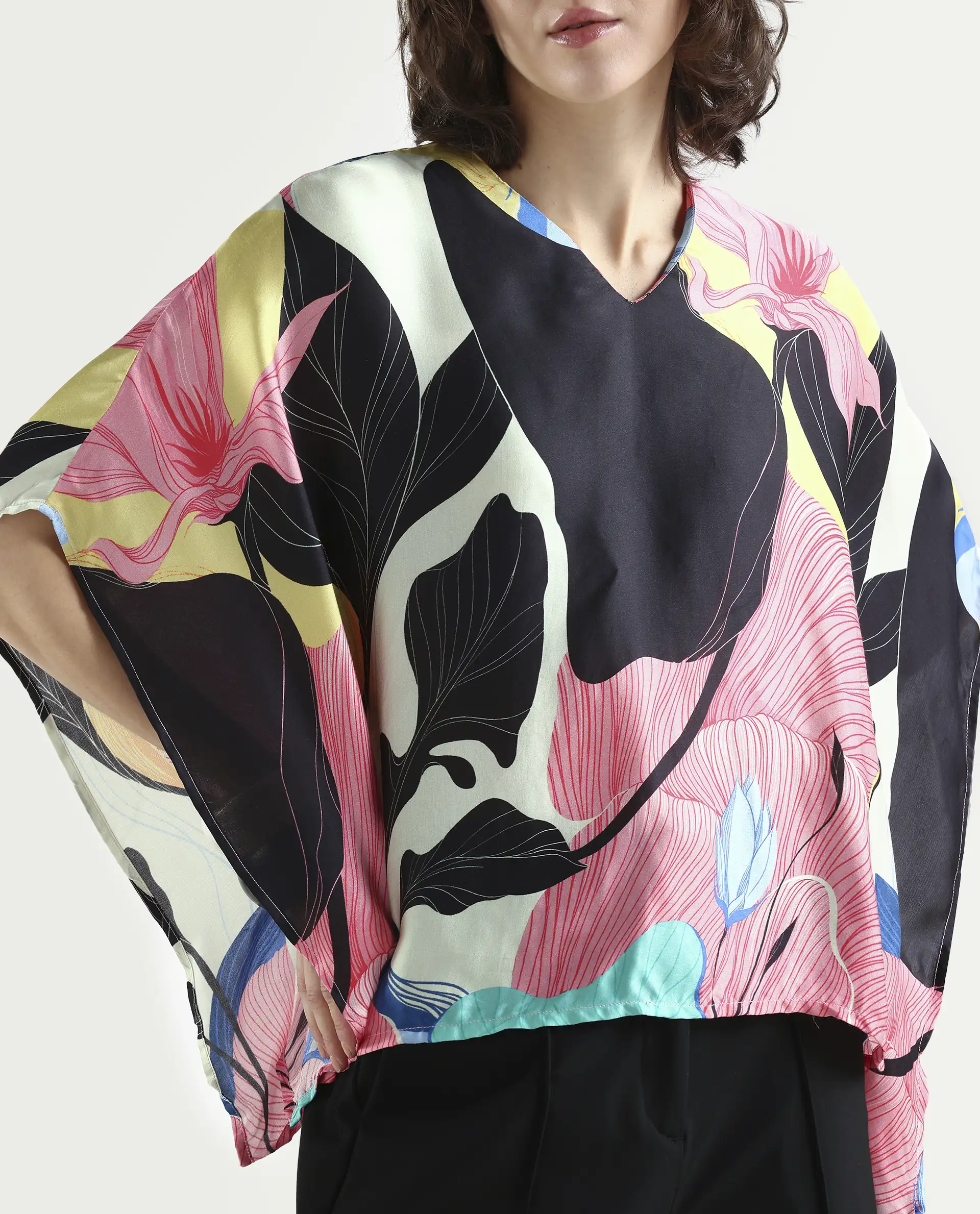 Rareism Women's Palace Offwhite Modal Blend V-Neck Abstract Print Bell Sleeve Relaxed Fit Top - Image 4