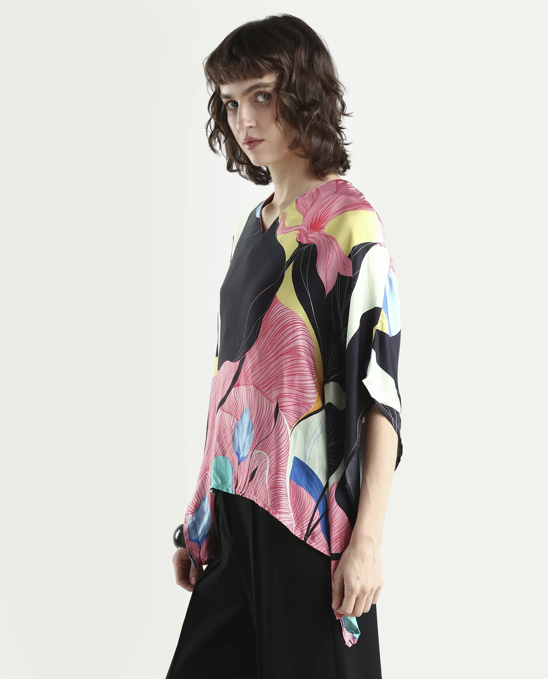 Rareism Women's Palace Offwhite Modal Blend V-Neck Abstract Print Bell Sleeve Relaxed Fit Top - Image 5