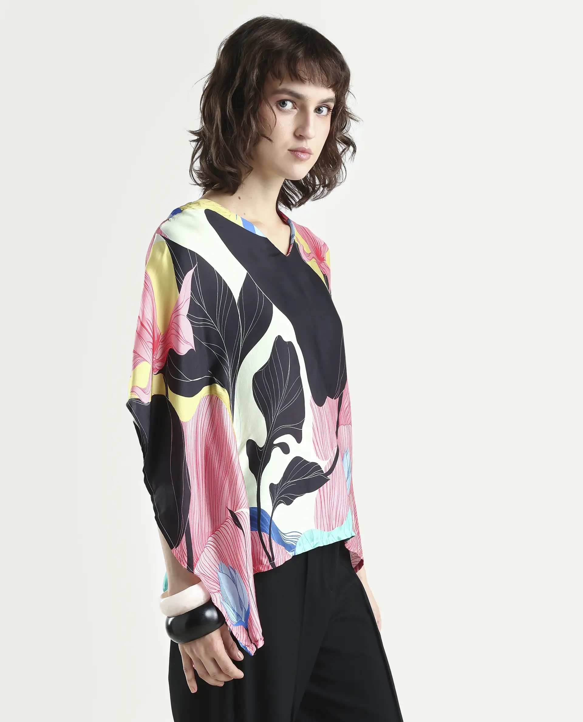 Rareism Women's Palace Offwhite Modal Blend V-Neck Abstract Print Bell Sleeve Relaxed Fit Top - Image 6