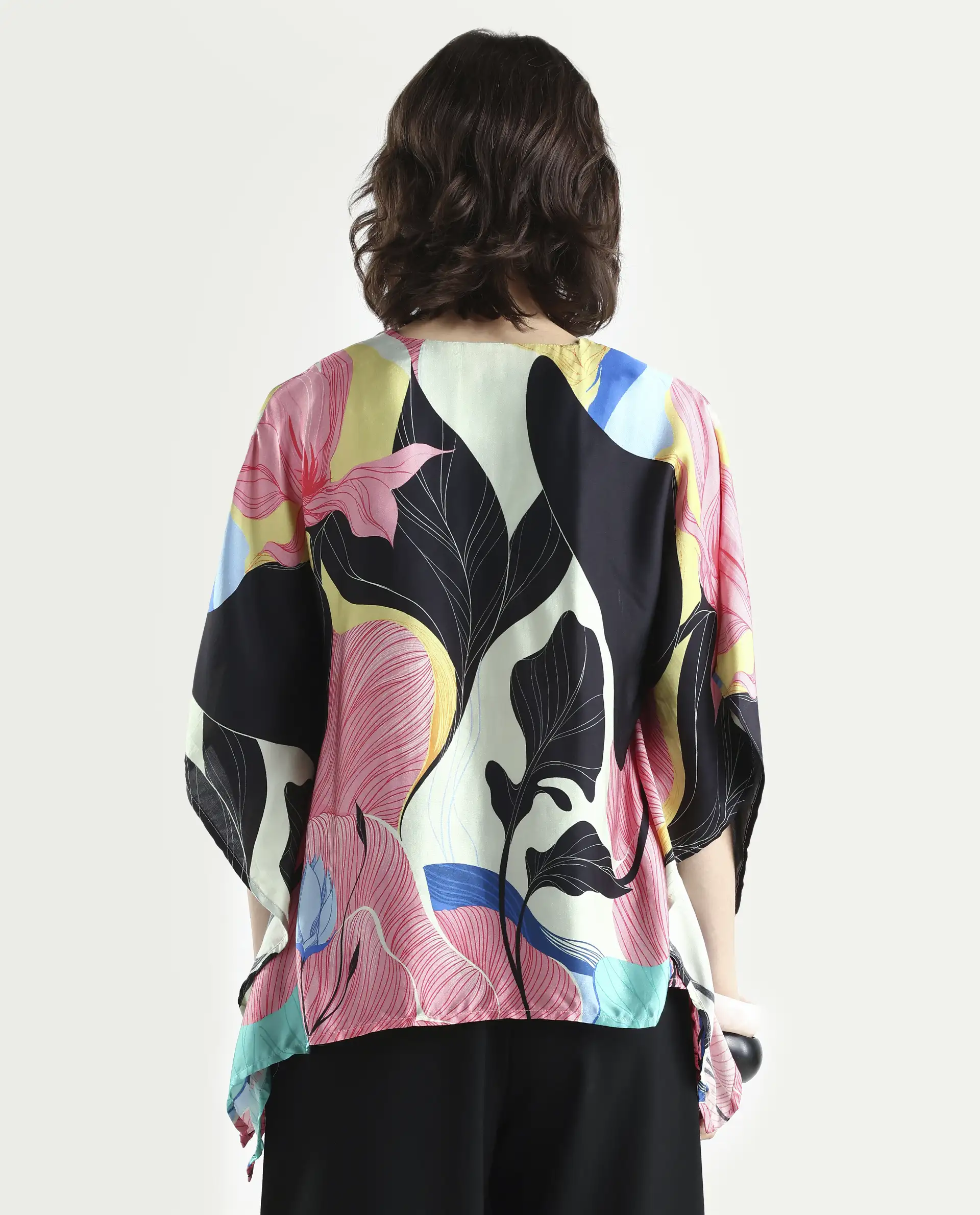 Rareism Women's Palace Offwhite Modal Blend V-Neck Abstract Print Bell Sleeve Relaxed Fit Top - Image 7