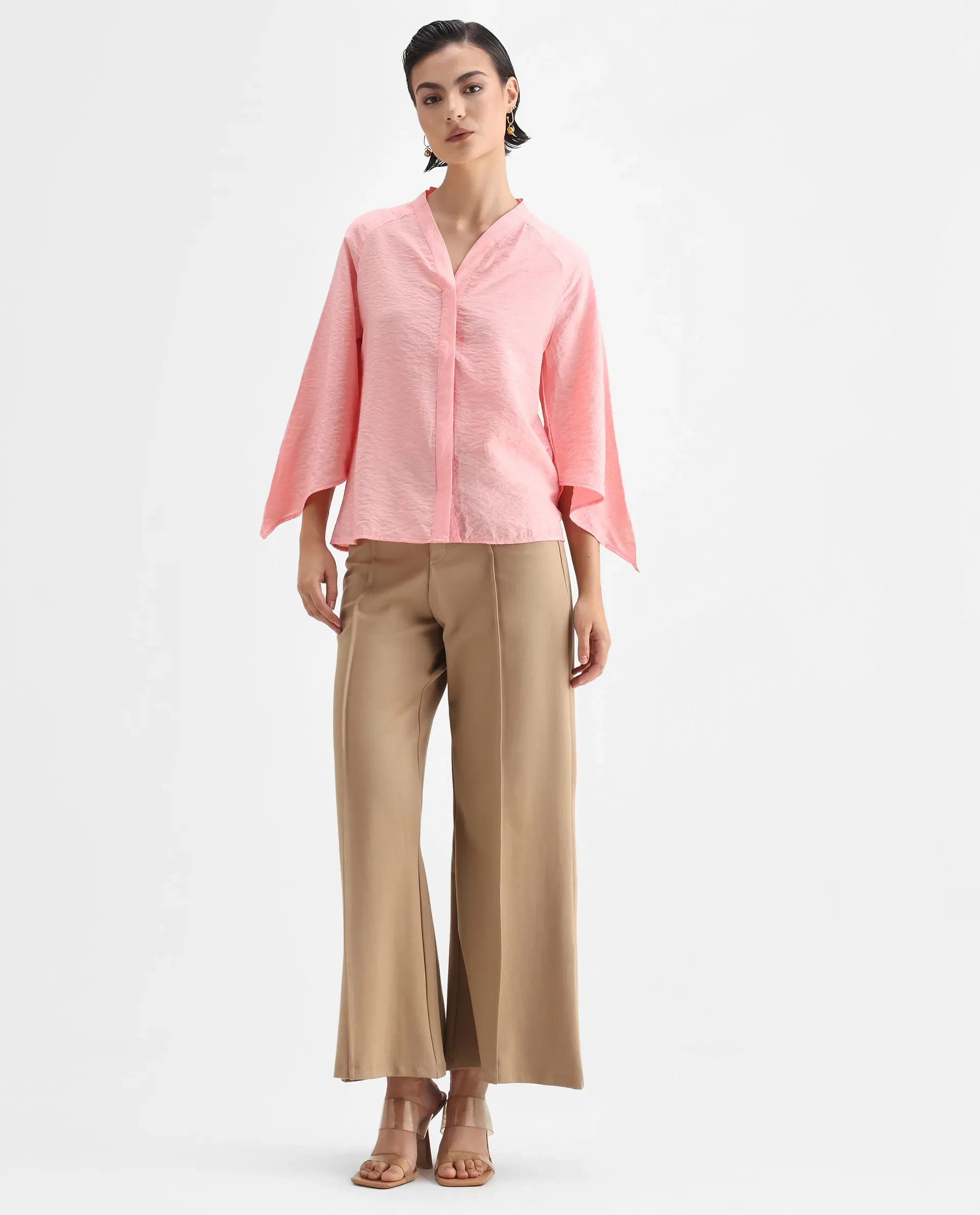 Rareism Women's Palak Light Peach Nylon Blend V-Neck Plain Raglan Sleeve Regular Fit Top - Image 2