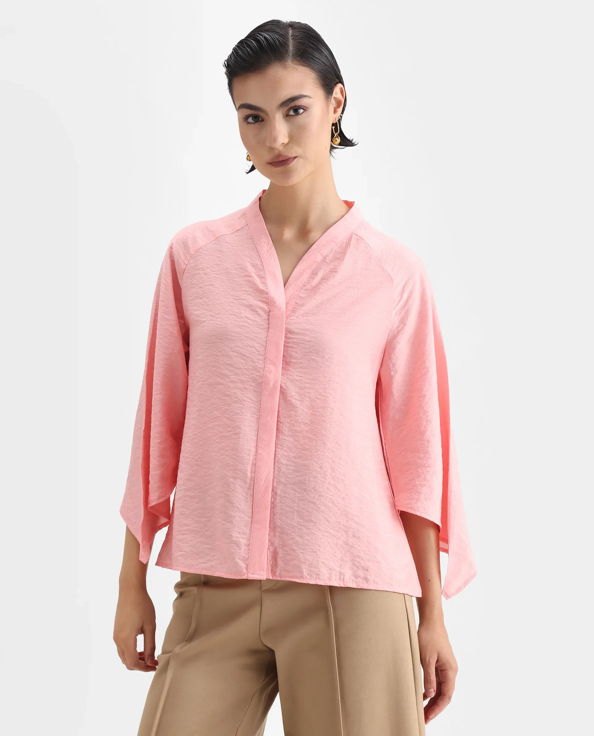 Rareism Women's Palak Light Peach Nylon Blend V-Neck Plain Raglan Sleeve Regular Fit Top - Image 3
