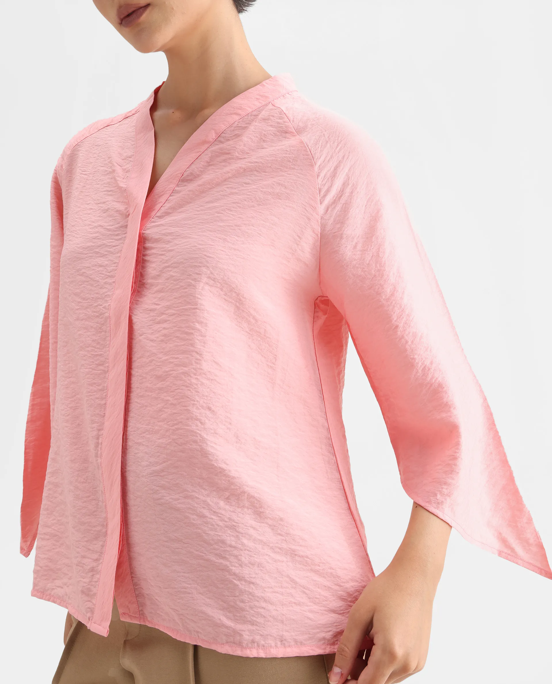 Rareism Women's Palak Light Peach Nylon Blend V-Neck Plain Raglan Sleeve Regular Fit Top - Image 4