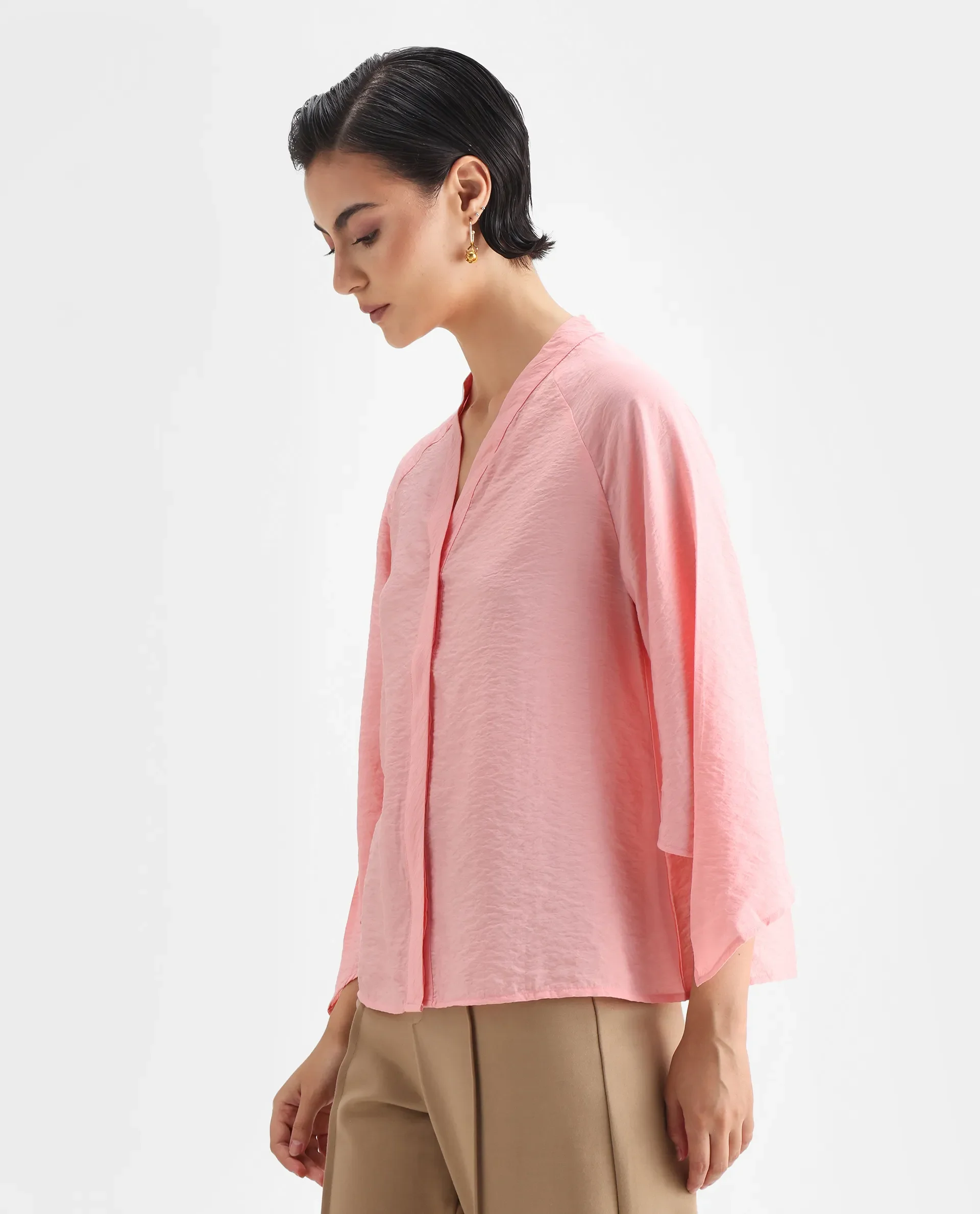 Rareism Women's Palak Light Peach Nylon Blend V-Neck Plain Raglan Sleeve Regular Fit Top - Image 5