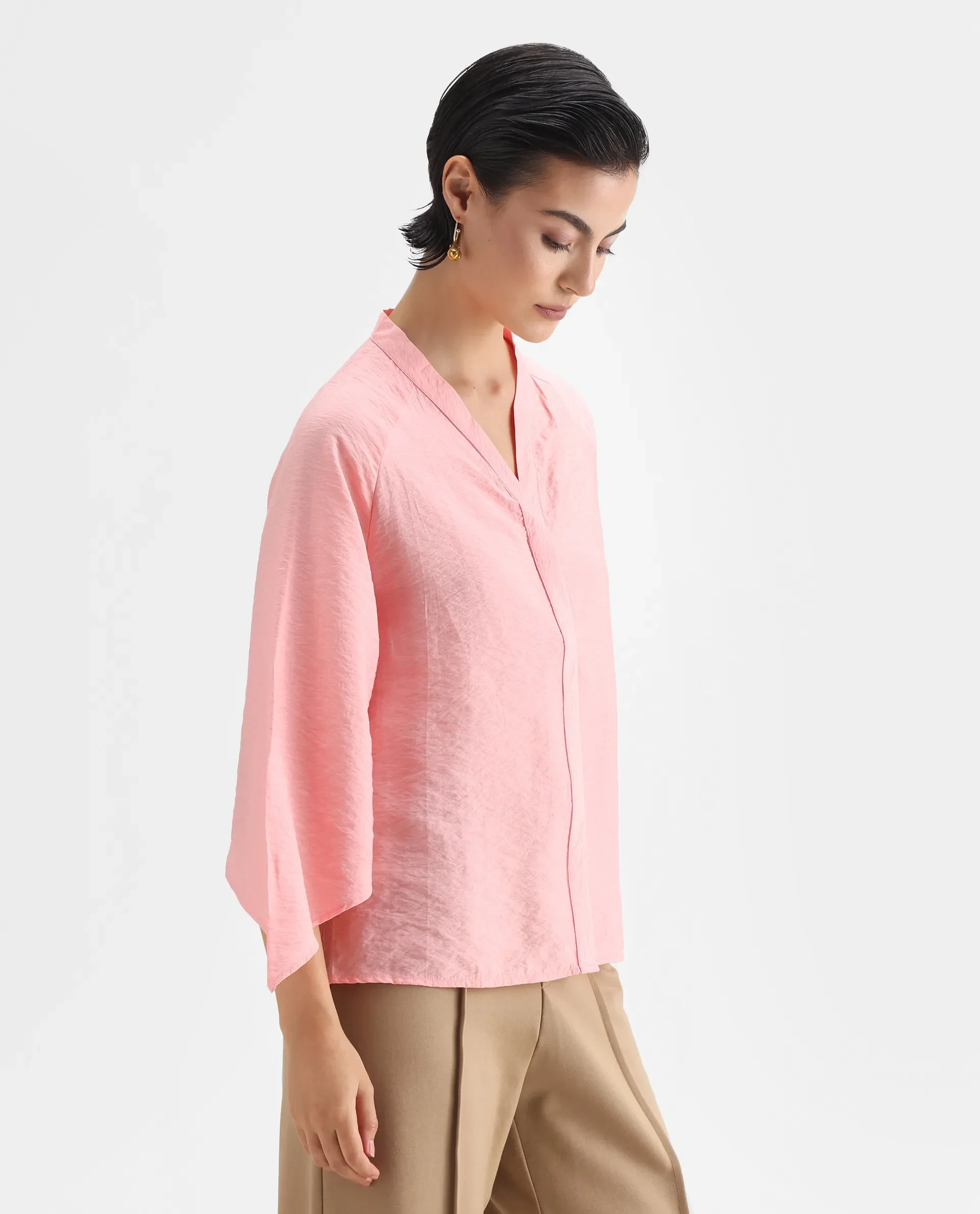 Rareism Women's Palak Light Peach Nylon Blend V-Neck Plain Raglan Sleeve Regular Fit Top - Image 6