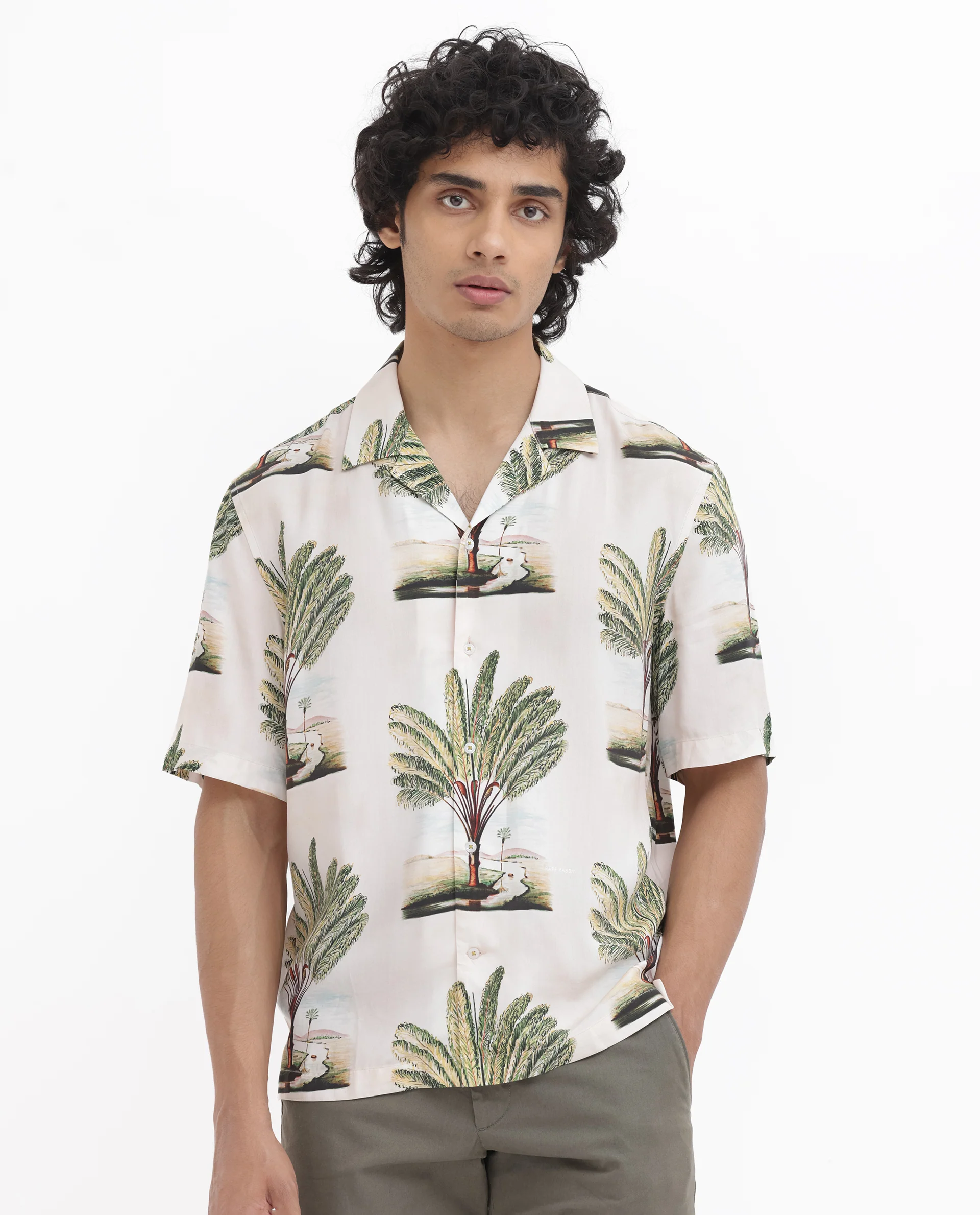 Rare Rabbit Men's Palamo Beige Viscose Tropical Print Boxy Fit Half Sleeve Cuban Collar Shirt - Image 2