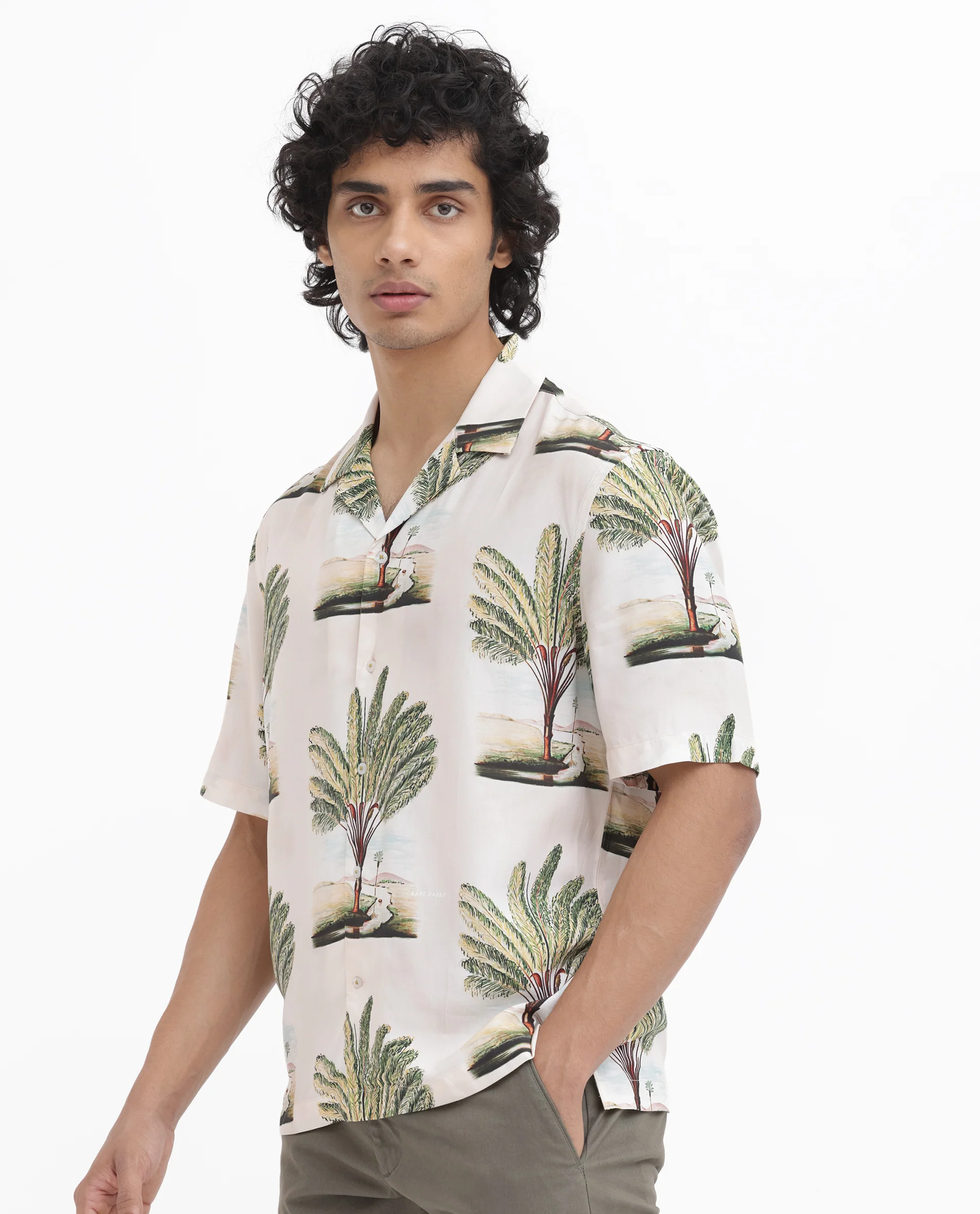 Rare Rabbit Men's Palamo Beige Viscose Tropical Print Boxy Fit Half Sleeve Cuban Collar Shirt - Image 4