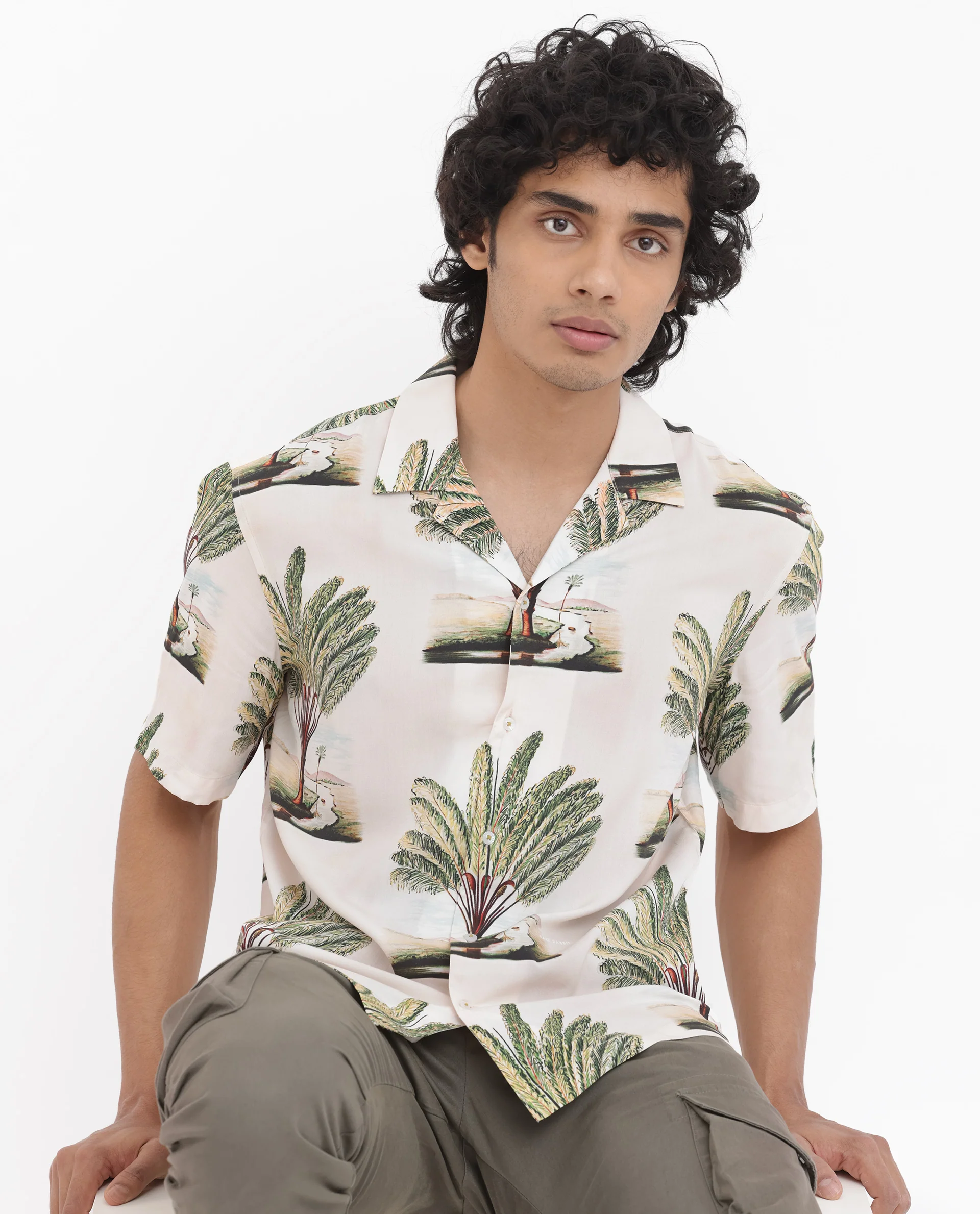 Rare Rabbit Men's Palamo Beige Viscose Tropical Print Boxy Fit Half Sleeve Cuban Collar Shirt - Image 7