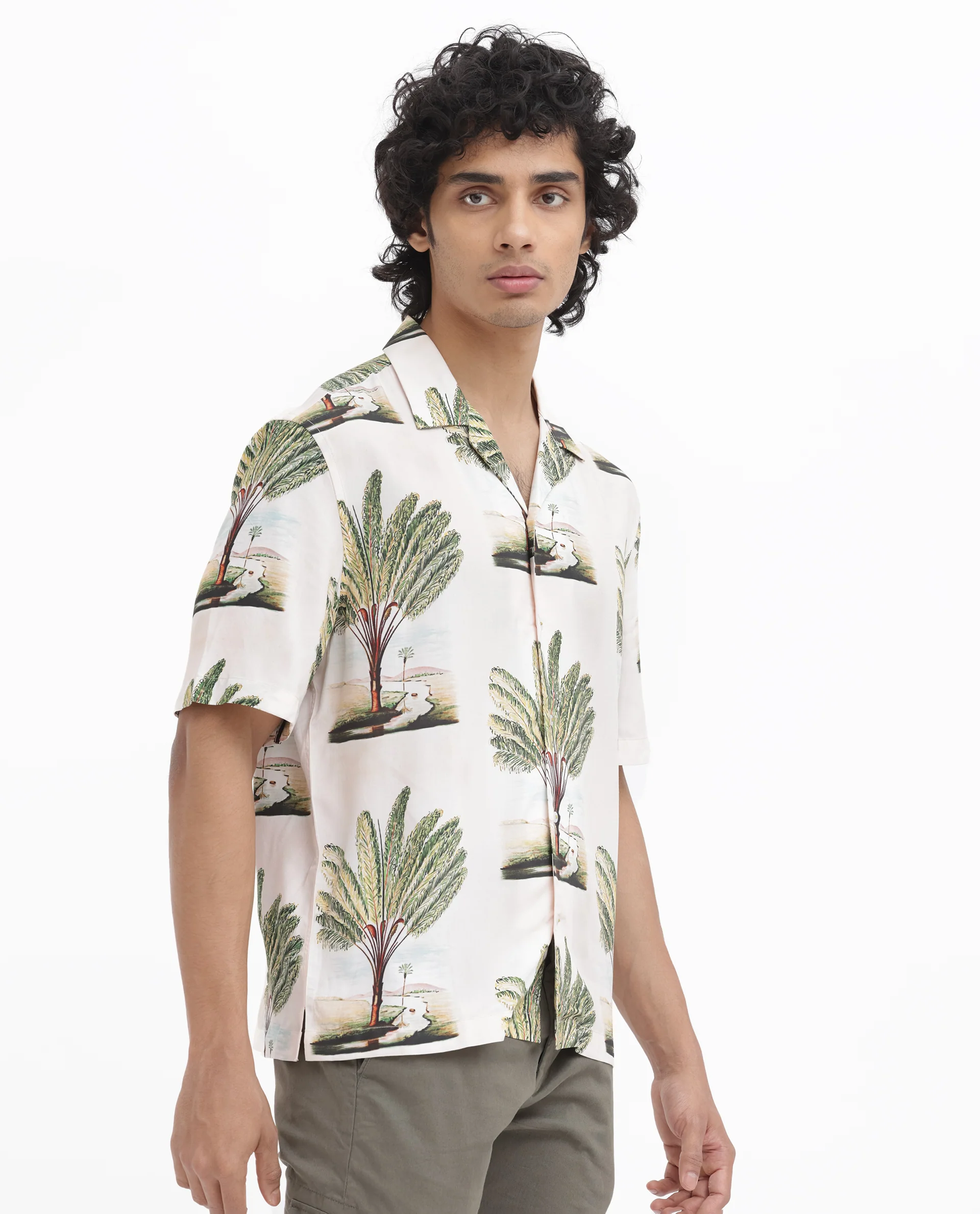 Rare Rabbit Men's Palamo Beige Viscose Tropical Print Boxy Fit Half Sleeve Cuban Collar Shirt - Image 8