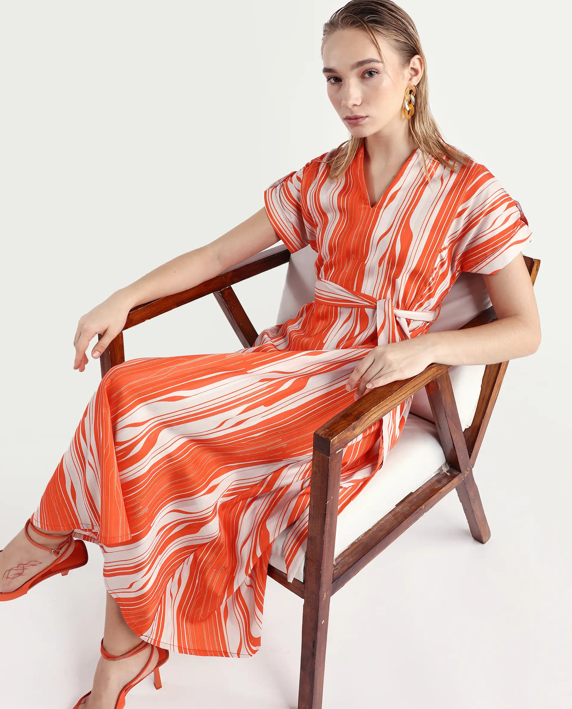 Rareism Women's Palbe Orange Polyester V-Neck Abstract Print Extended Sleeves Knee Length Regular Fit Dress - Image 2