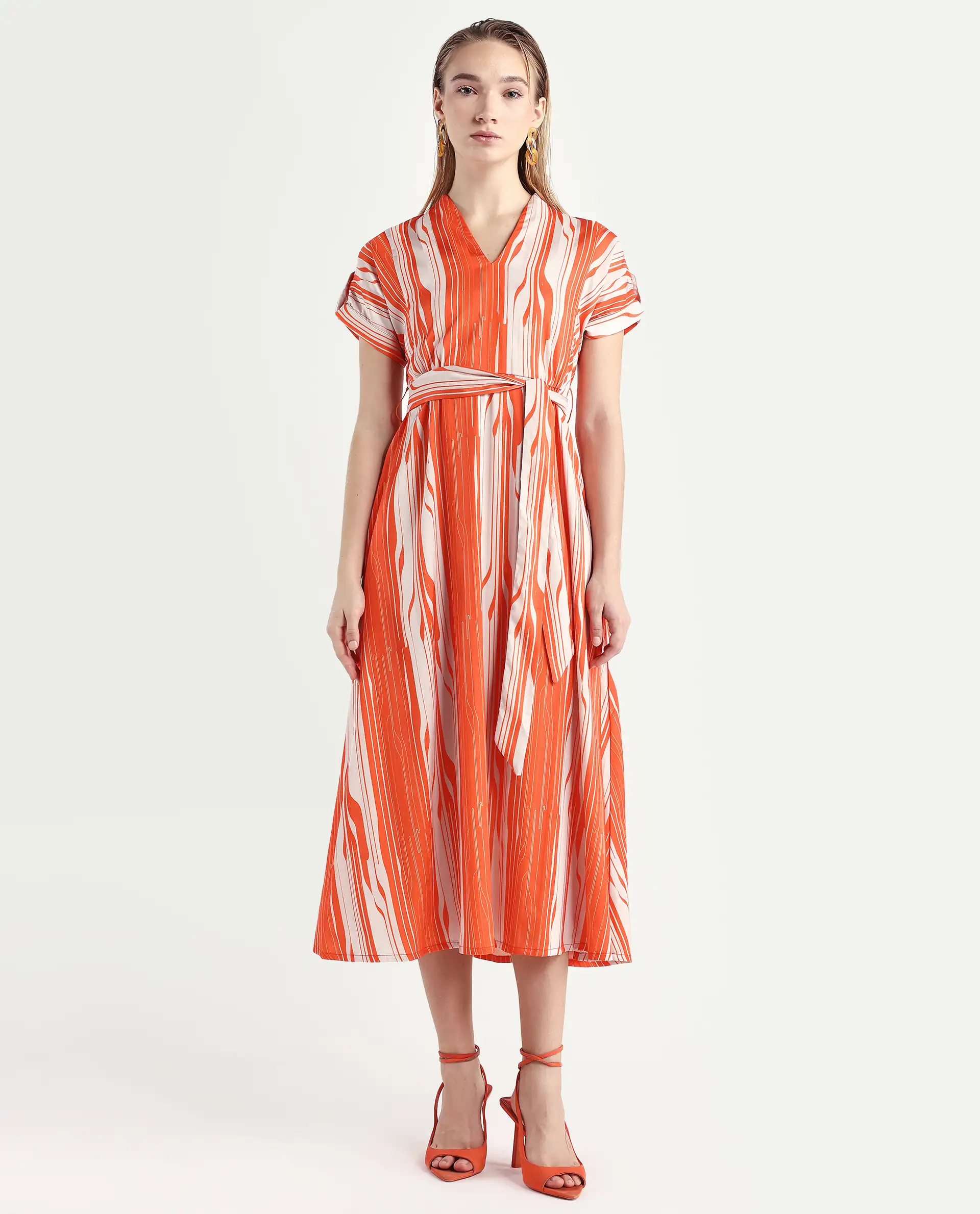Rareism Women's Palbe Orange Polyester V-Neck Abstract Print Extended Sleeves Knee Length Regular Fit Dress - Image 3