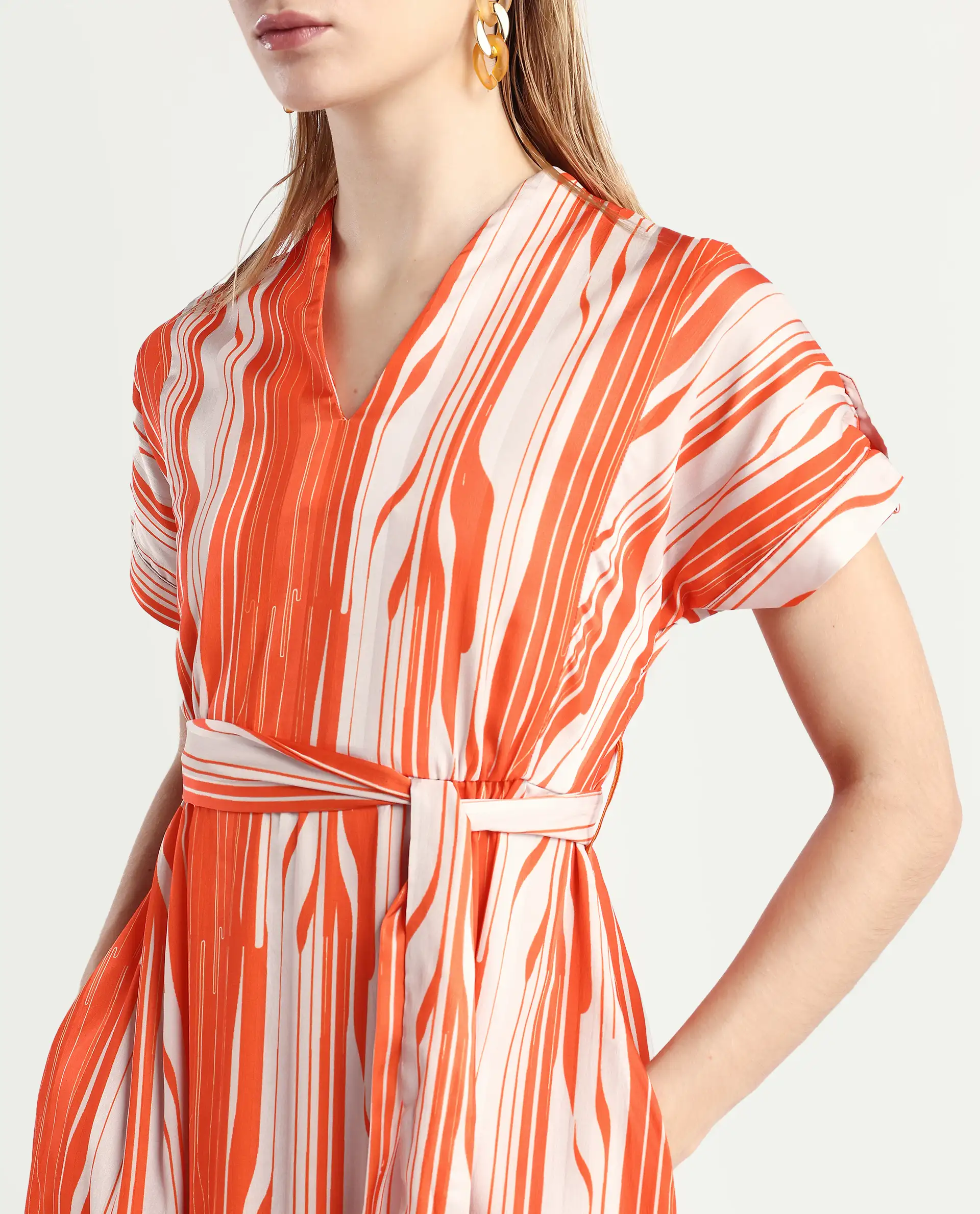 Rareism Women's Palbe Orange Polyester V-Neck Abstract Print Extended Sleeves Knee Length Regular Fit Dress - Image 4