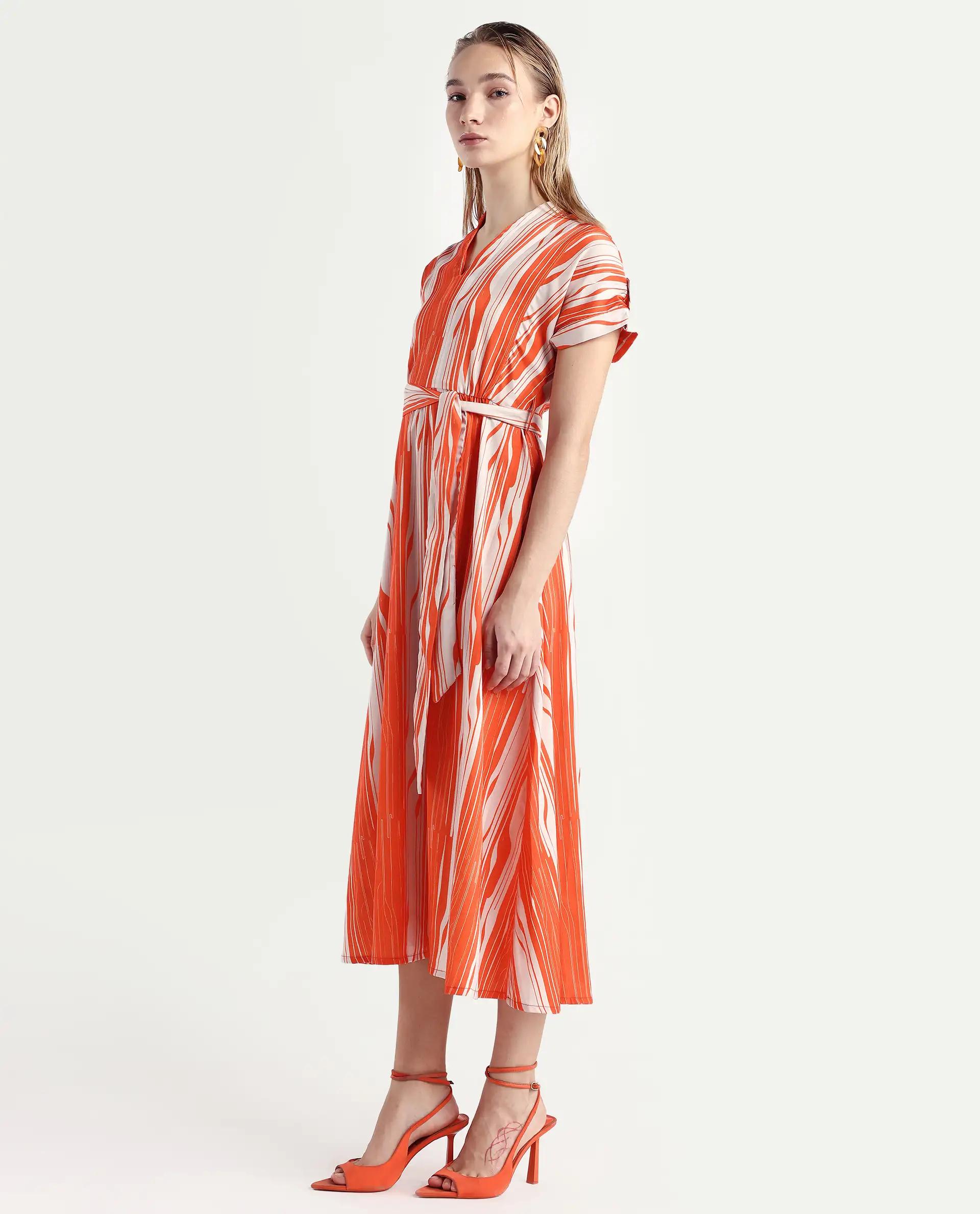 Rareism Women's Palbe Orange Polyester V-Neck Abstract Print Extended Sleeves Knee Length Regular Fit Dress - Image 5