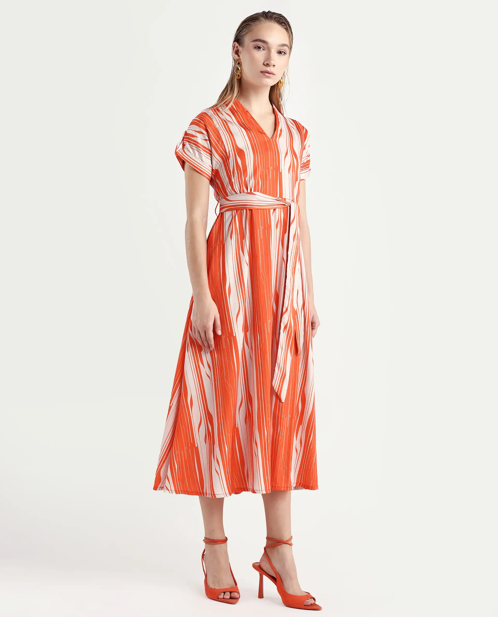 Rareism Women's Palbe Orange Polyester V-Neck Abstract Print Extended Sleeves Knee Length Regular Fit Dress - Image 6