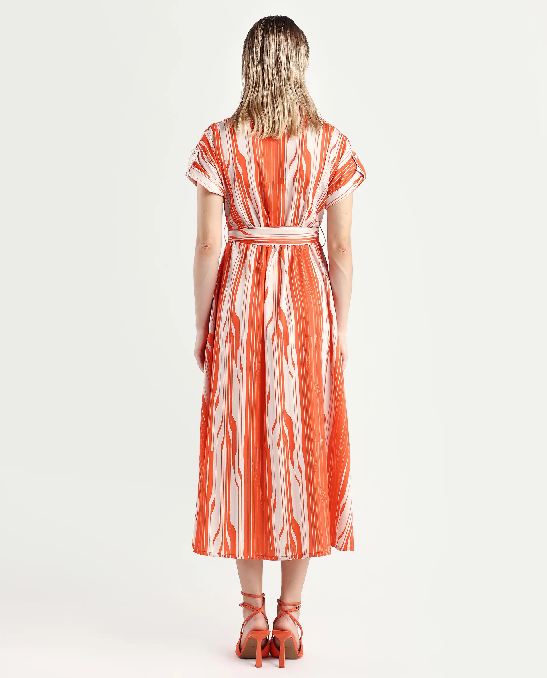 Rareism Women's Palbe Orange Polyester V-Neck Abstract Print Extended Sleeves Knee Length Regular Fit Dress - Image 7