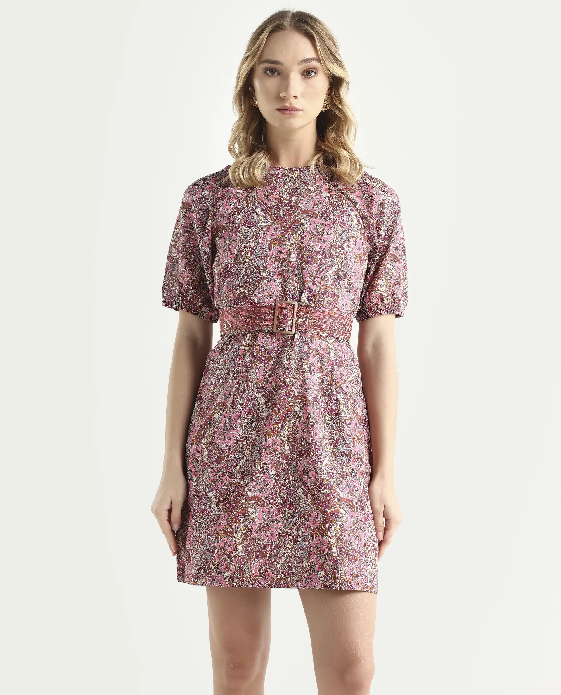 Rareism Women's Palesa Pink High Neck Printed Puff Sleeves Knee Length Regular Fit Dress - Image 3