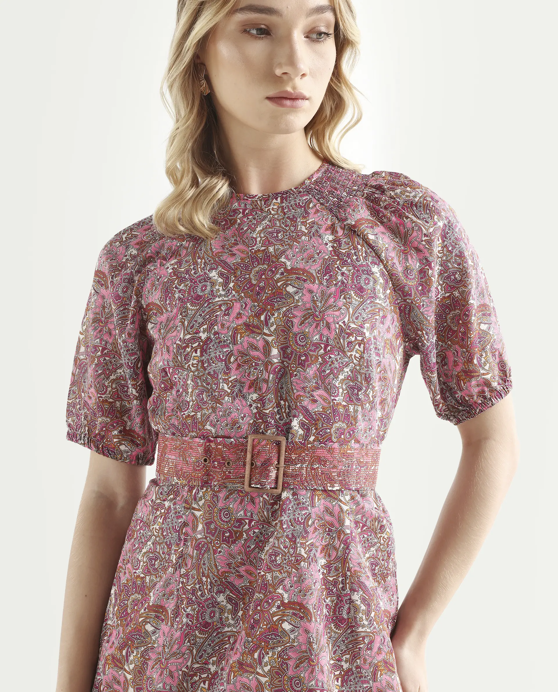 Rareism Women's Palesa Pink High Neck Printed Puff Sleeves Knee Length Regular Fit Dress - Image 4