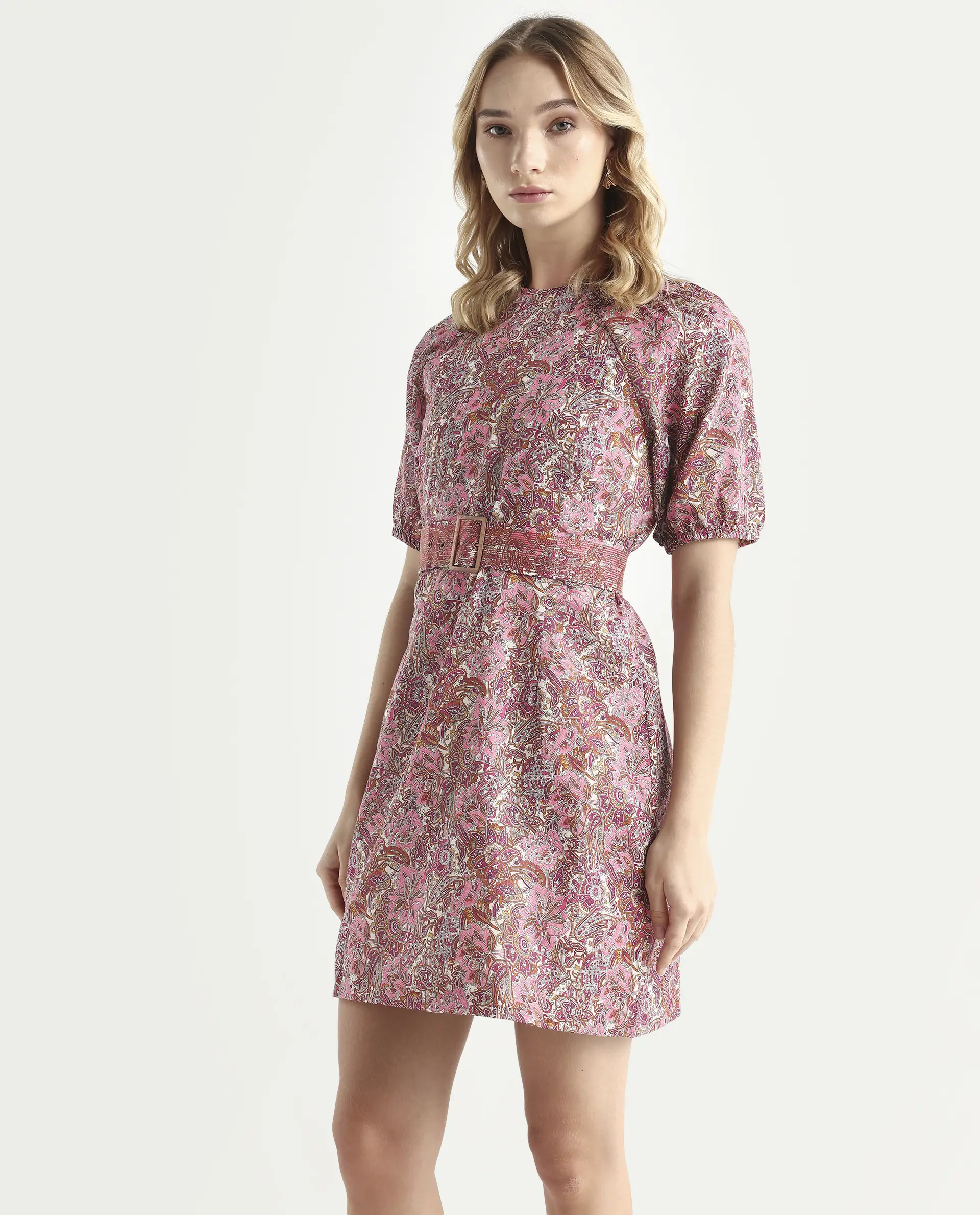 Rareism Women's Palesa Pink High Neck Printed Puff Sleeves Knee Length Regular Fit Dress - Image 5
