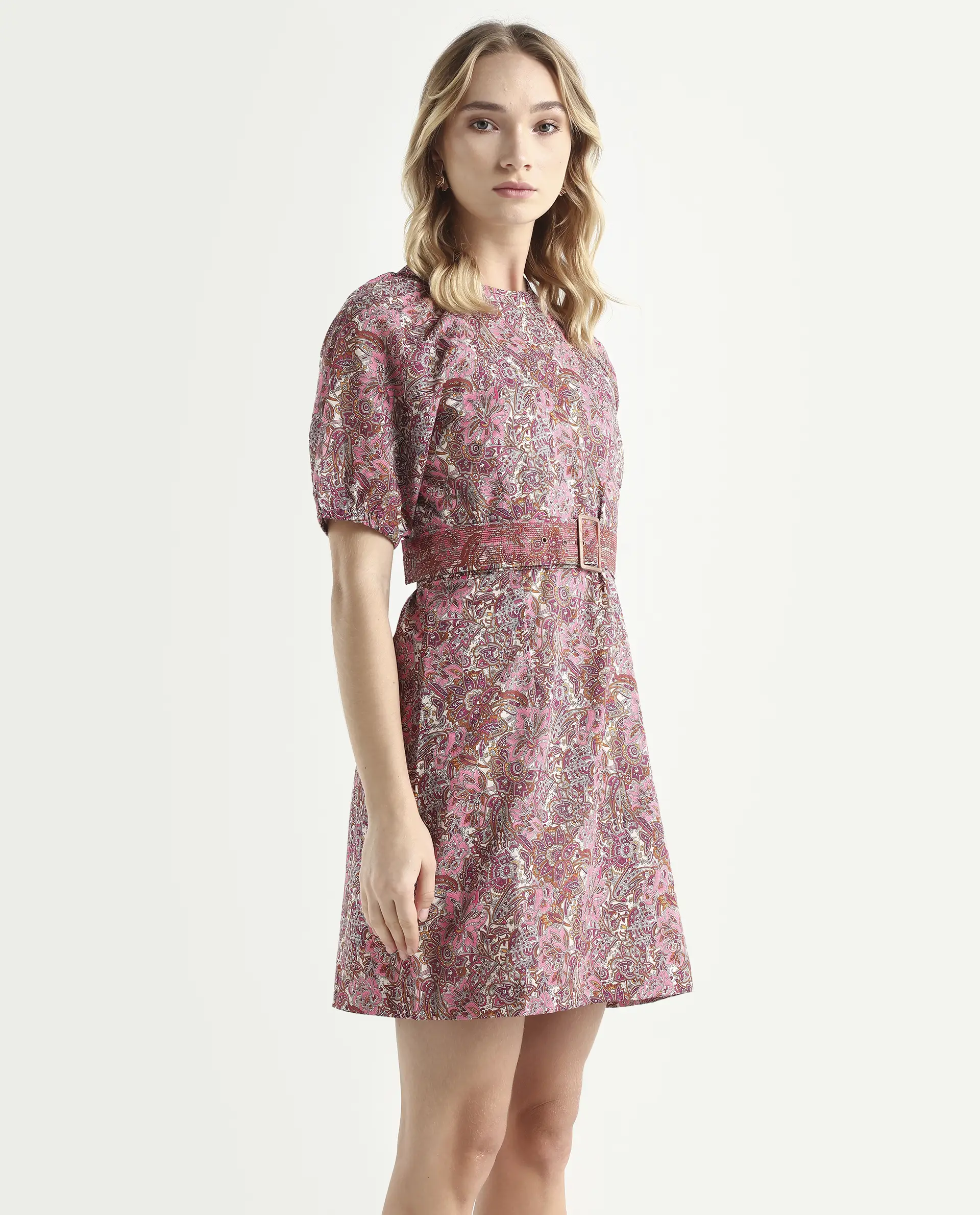 Rareism Women's Palesa Pink High Neck Printed Puff Sleeves Knee Length Regular Fit Dress - Image 6