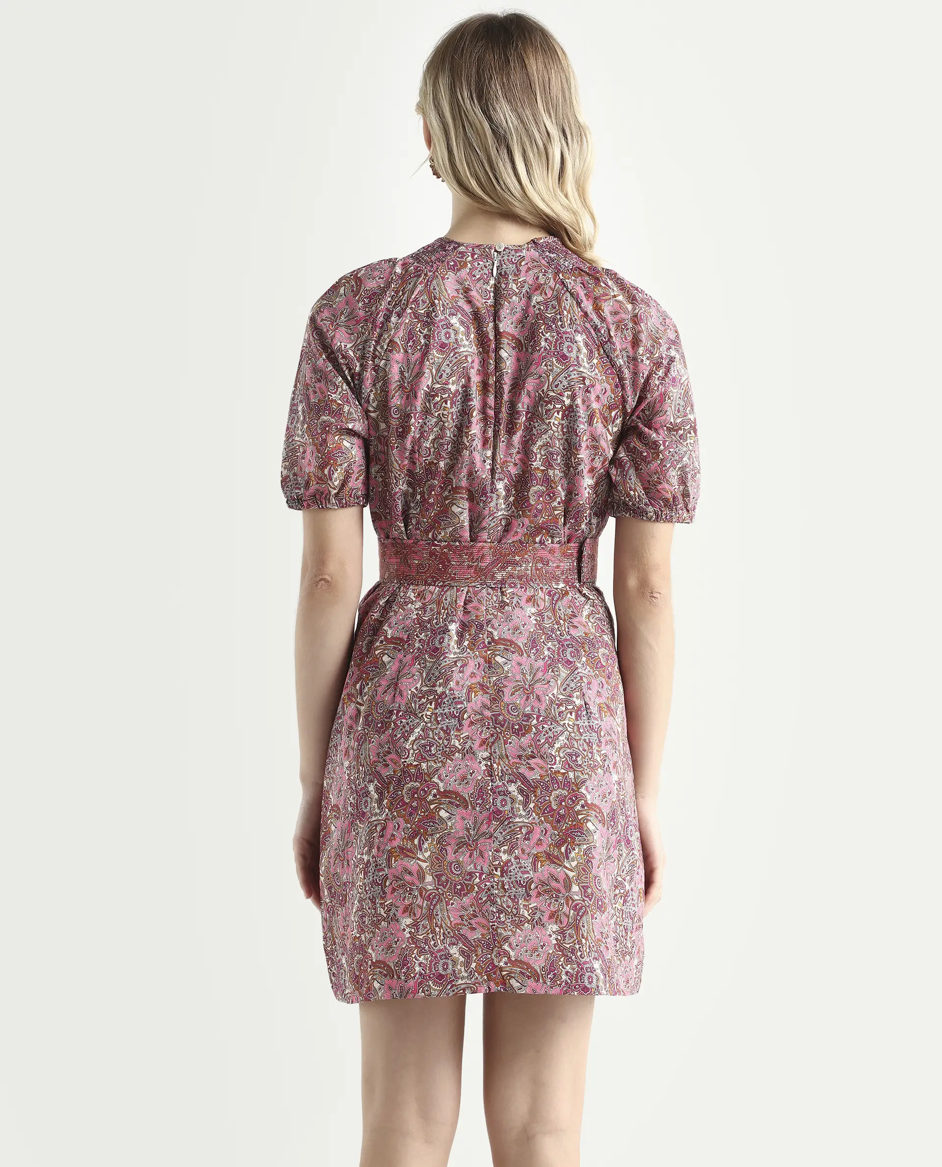 Rareism Women's Palesa Pink High Neck Printed Puff Sleeves Knee Length Regular Fit Dress - Image 7