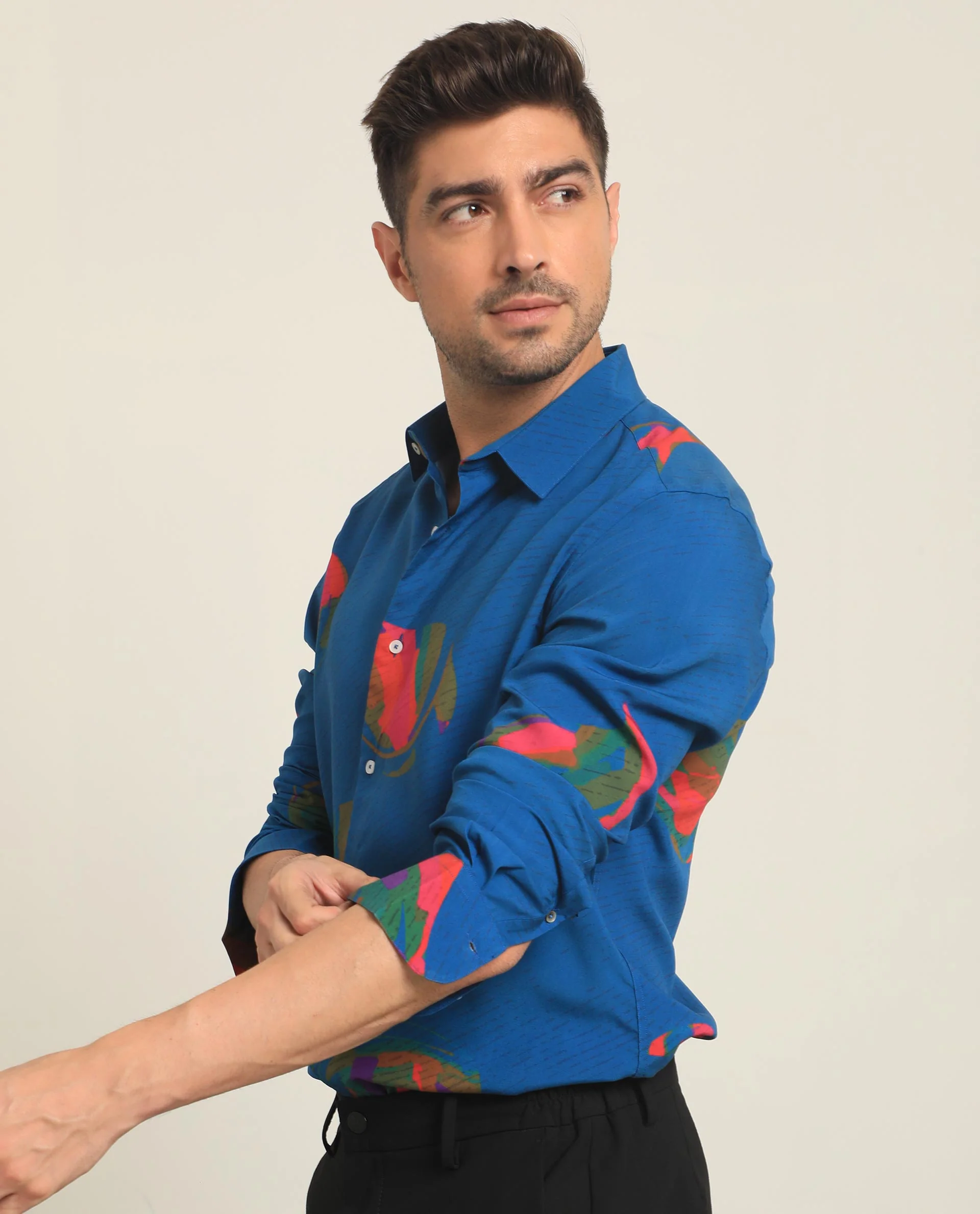 Rare Rabbit Men's Palme Blue Viscose Abstract Print Regular Fit Full Sleeve Collared Shirt - Image 2