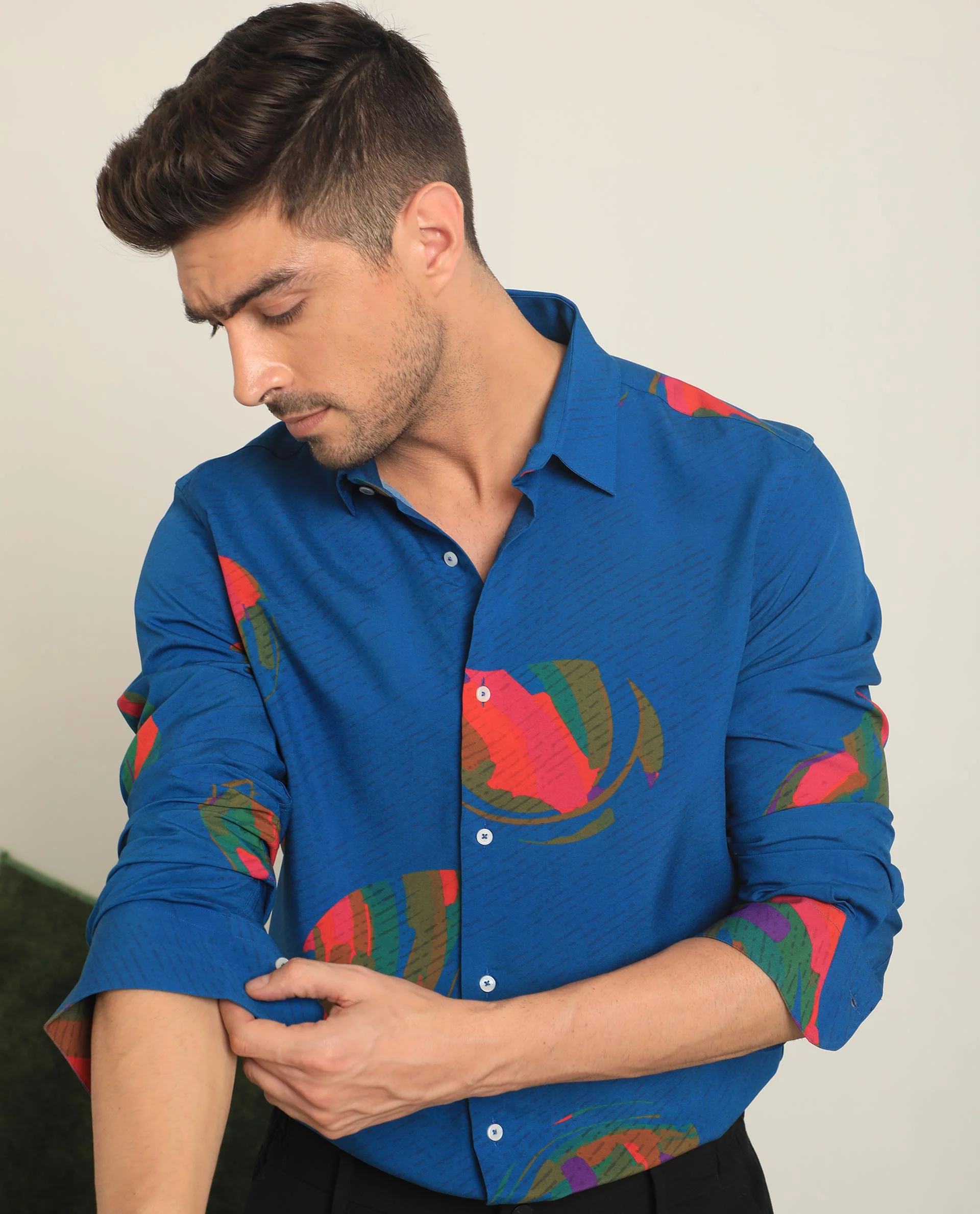 Rare Rabbit Men's Palme Blue Viscose Abstract Print Regular Fit Full Sleeve Collared Shirt - Image 3