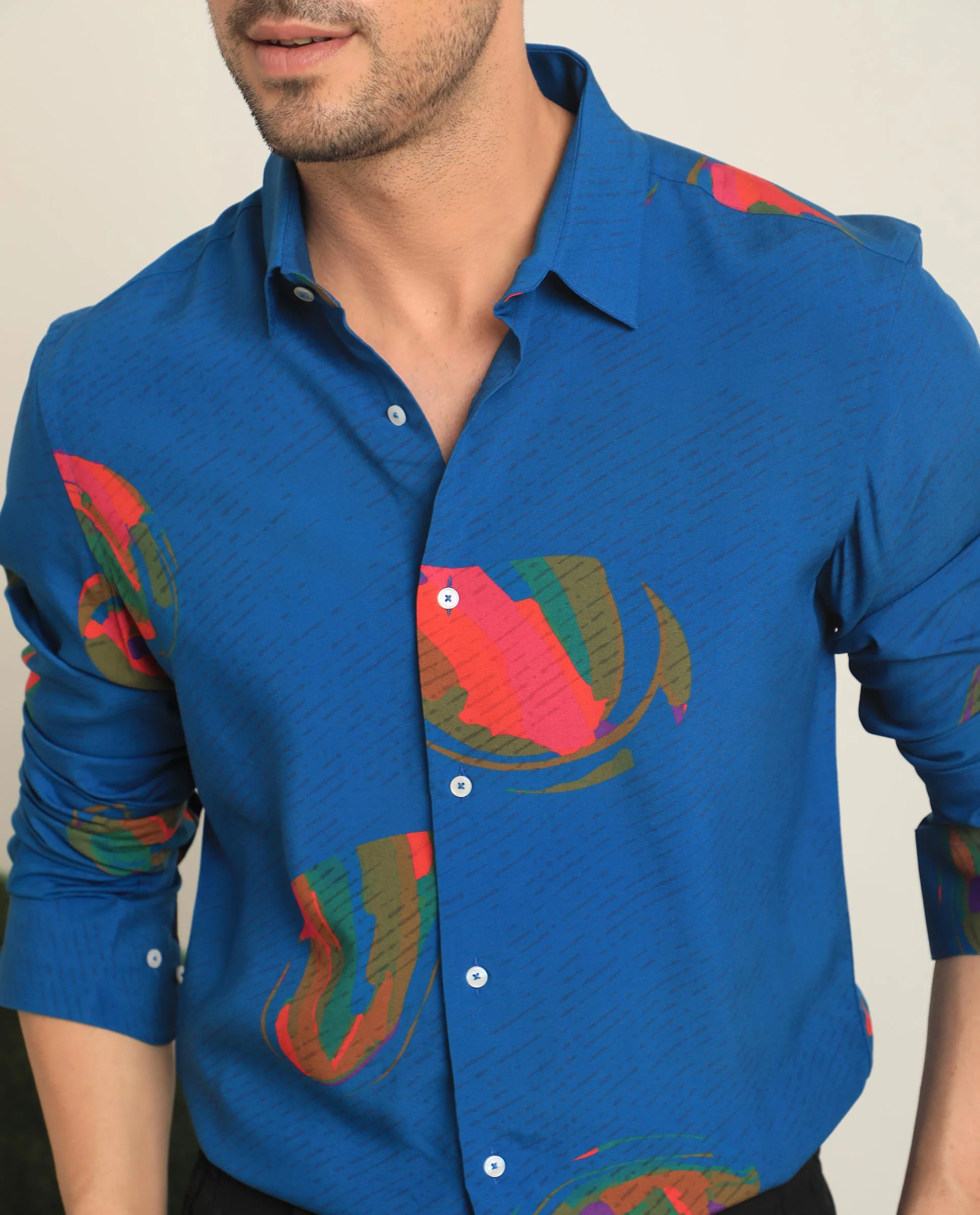 Rare Rabbit Men's Palme Blue Viscose Abstract Print Regular Fit Full Sleeve Collared Shirt - Image 5