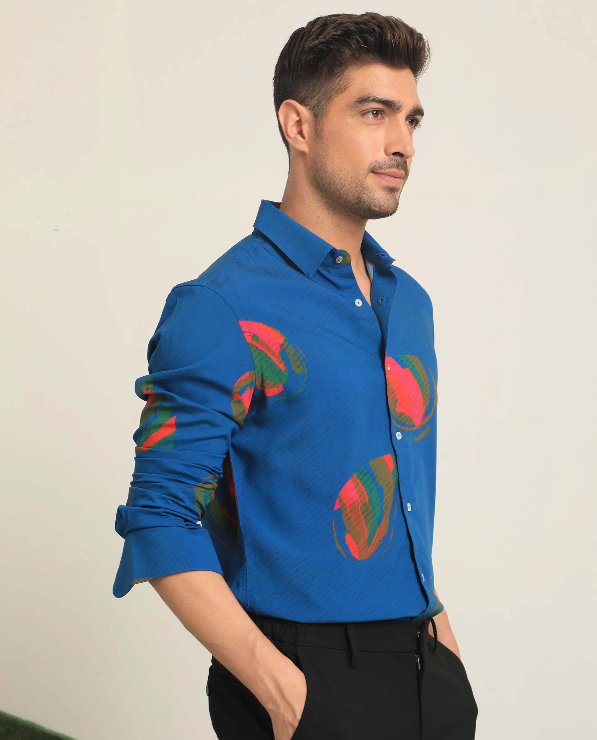 Rare Rabbit Men's Palme Blue Viscose Abstract Print Regular Fit Full Sleeve Collared Shirt - Image 7
