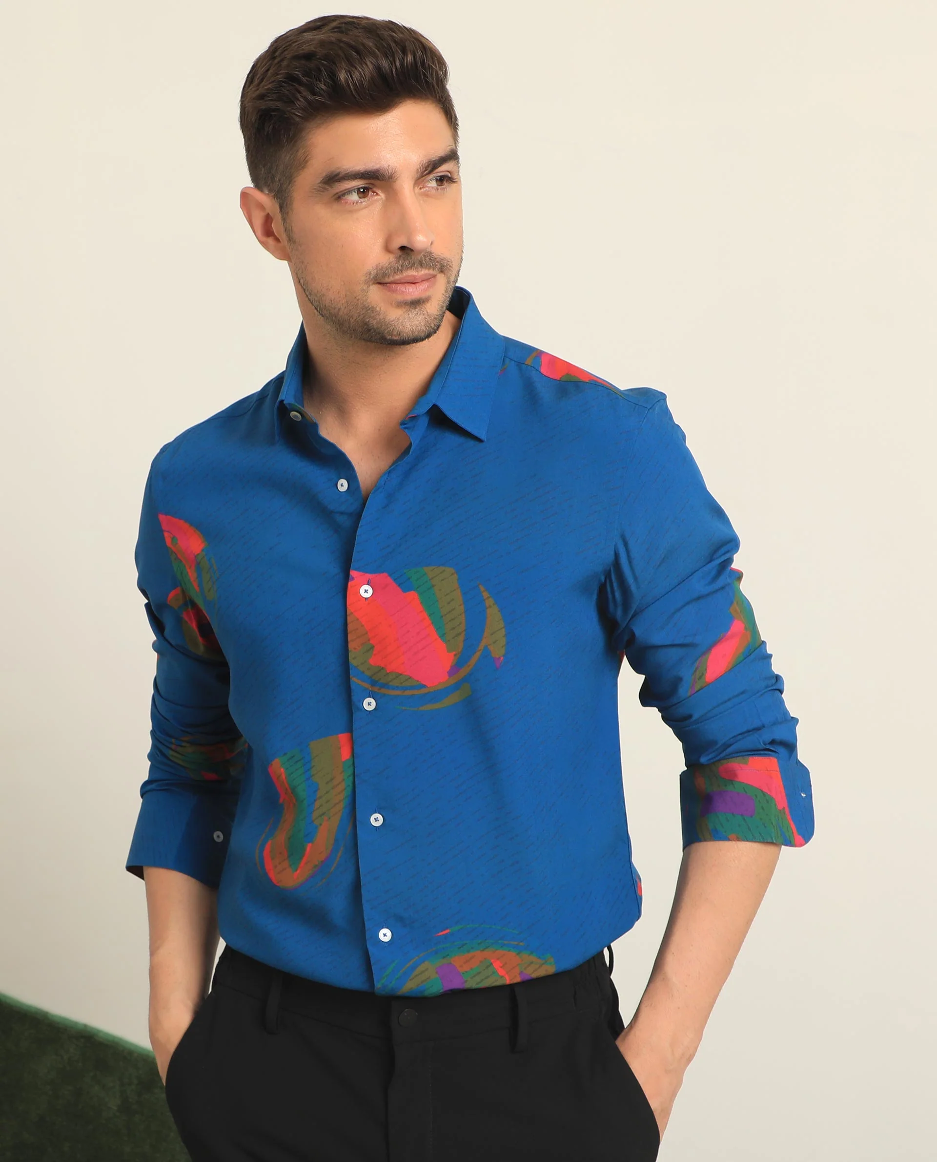 Rare Rabbit Men's Palme Blue Viscose Abstract Print Regular Fit Full Sleeve Collared Shirt - Image 8