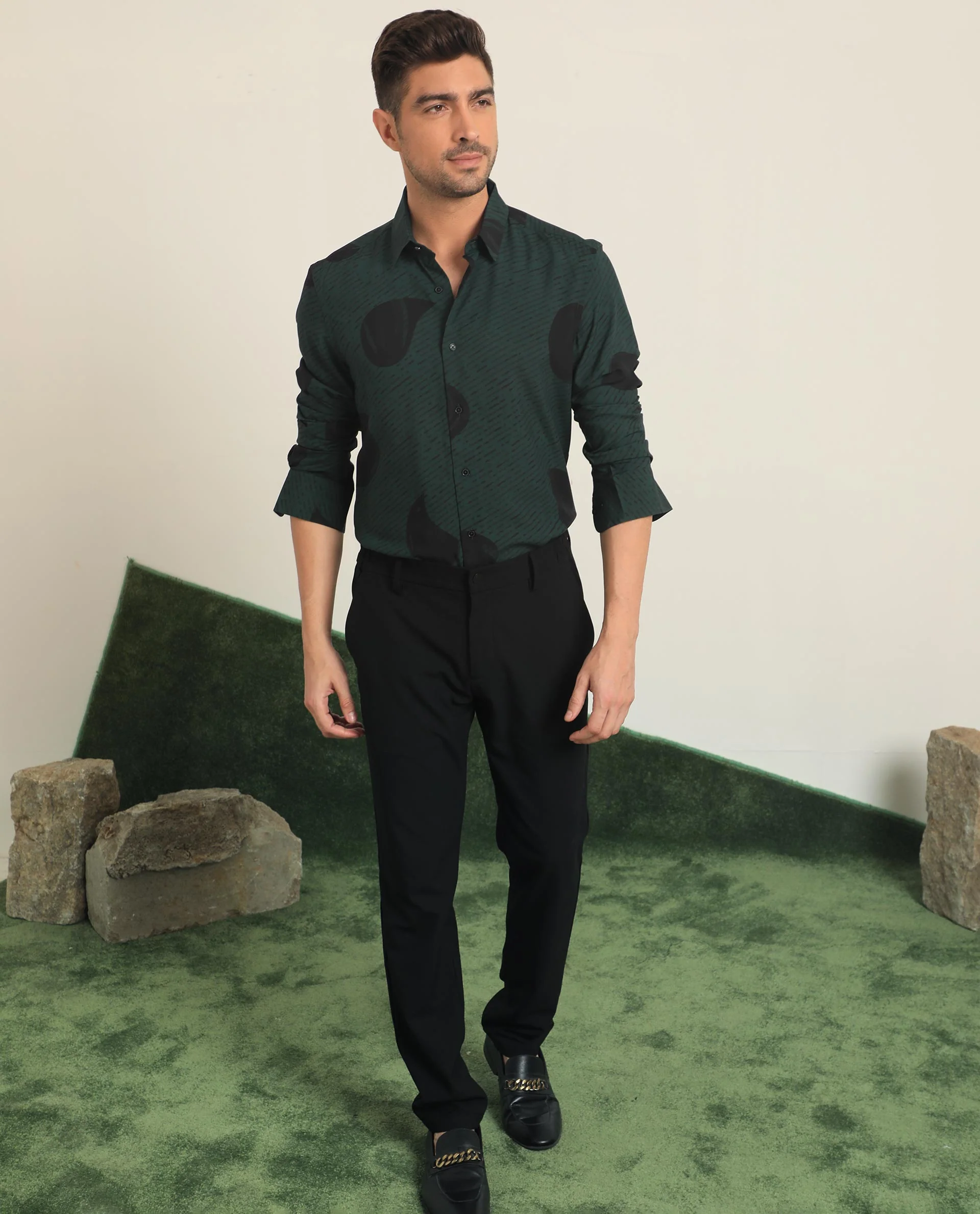 Rare Rabbit Men's Palme Dark Green Viscose Abstract Print Regular Fit Full Sleeve Collared Shirt - Image 2