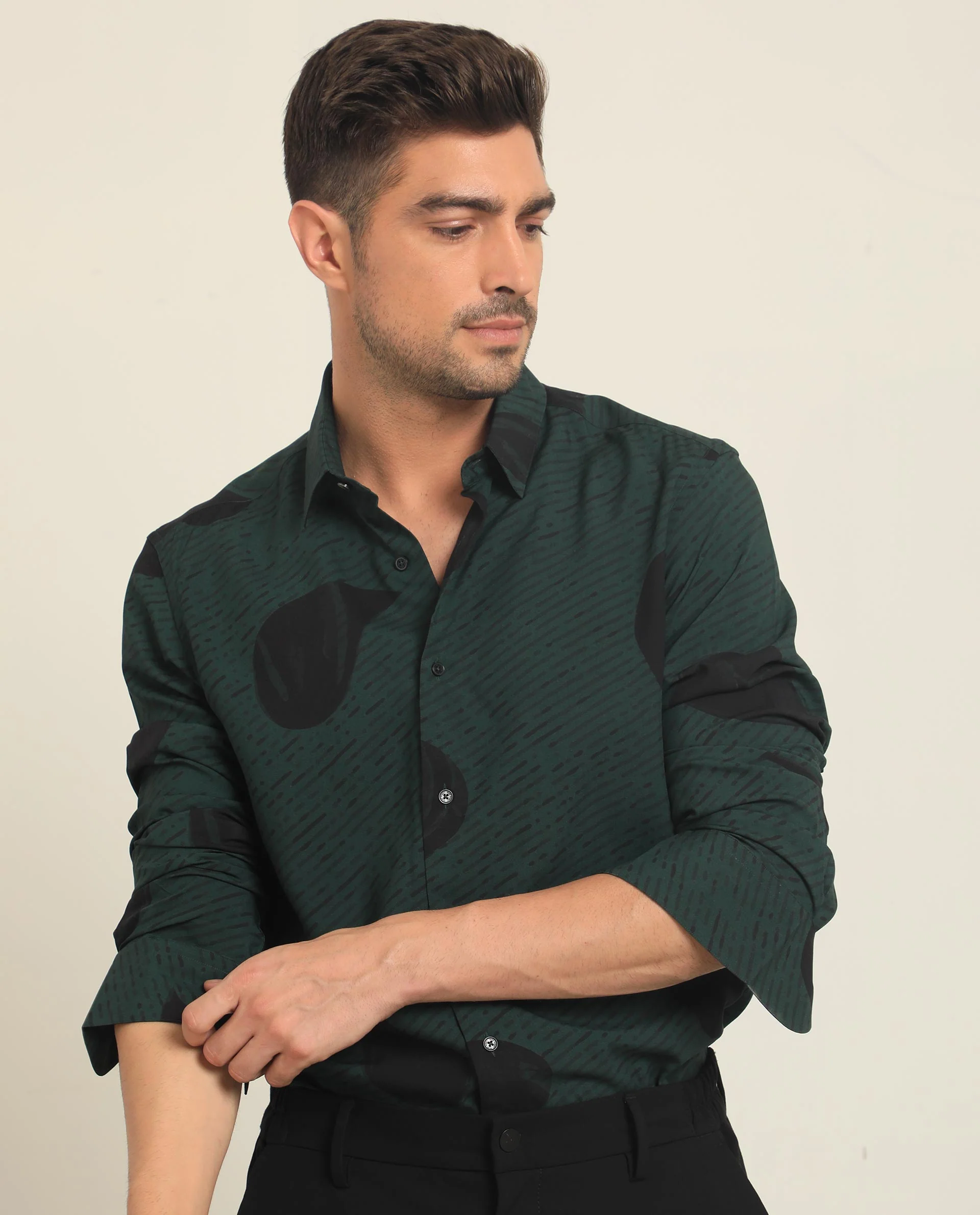 Rare Rabbit Men's Palme Dark Green Viscose Abstract Print Regular Fit Full Sleeve Collared Shirt - Image 3