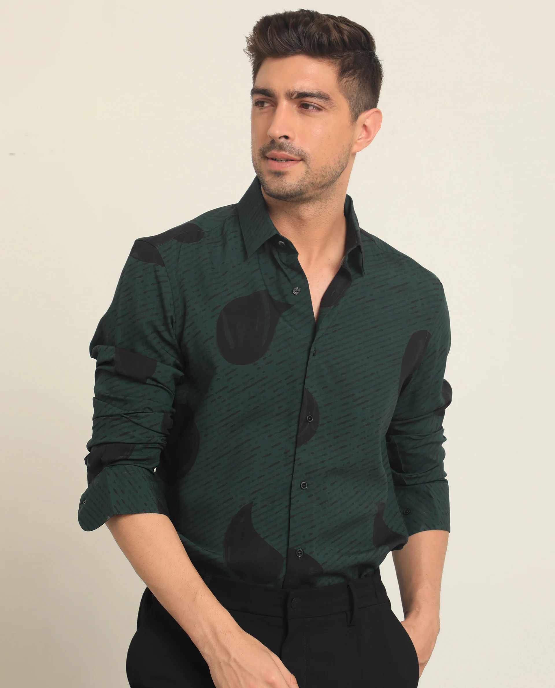 Rare Rabbit Men's Palme Dark Green Viscose Abstract Print Regular Fit Full Sleeve Collared Shirt - Image 4