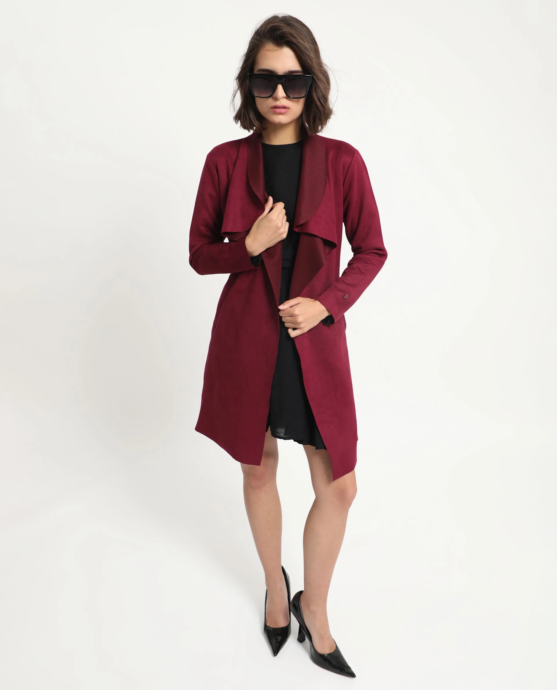Rareism Women's Palmer 1 Maroon Polyester Cutaway Collar Plain Knee Length Relaxed Fit Jacket