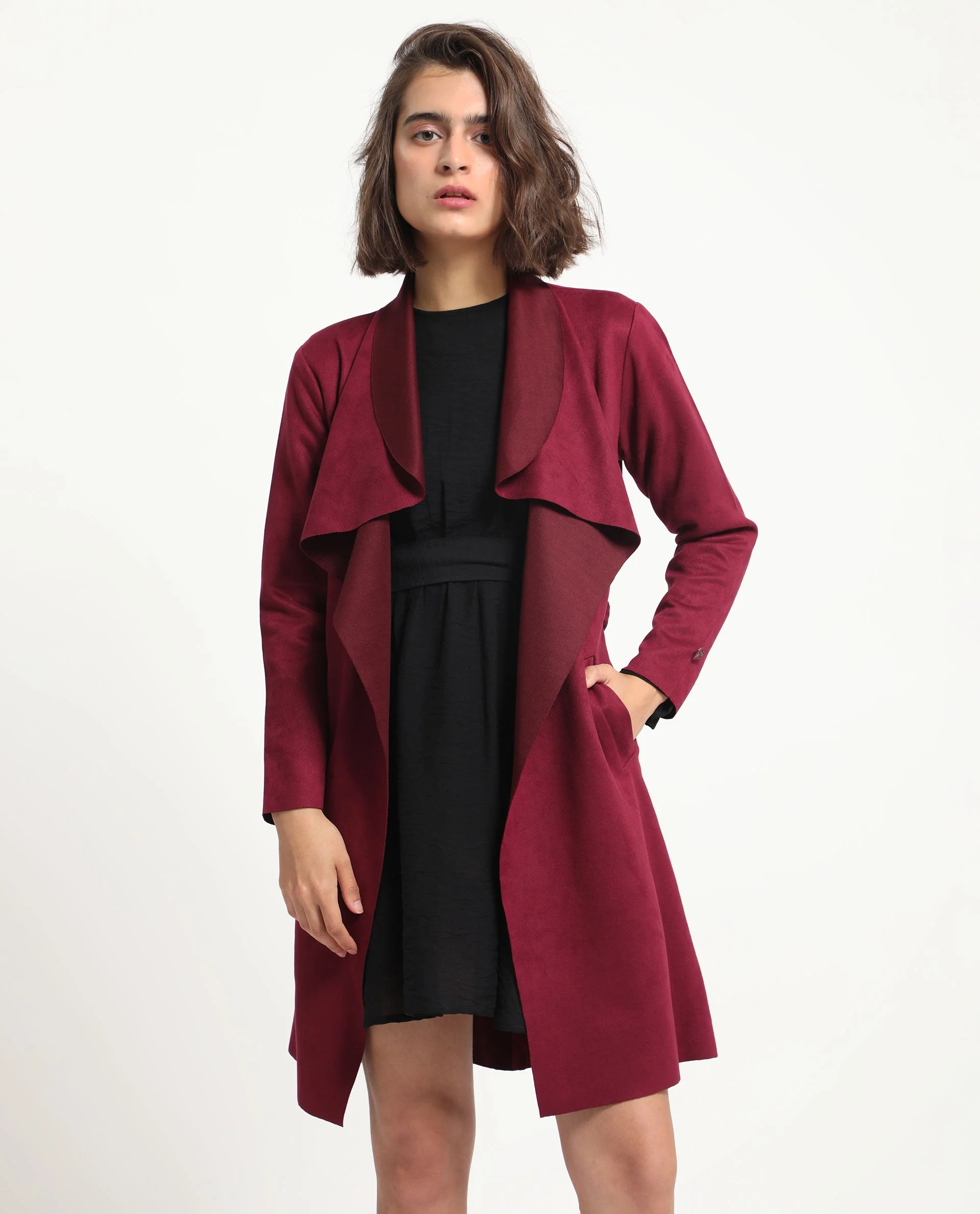 Rareism Women's Palmer 1 Maroon Polyester Cutaway Collar Plain Knee Length Relaxed Fit Jacket - Image 2