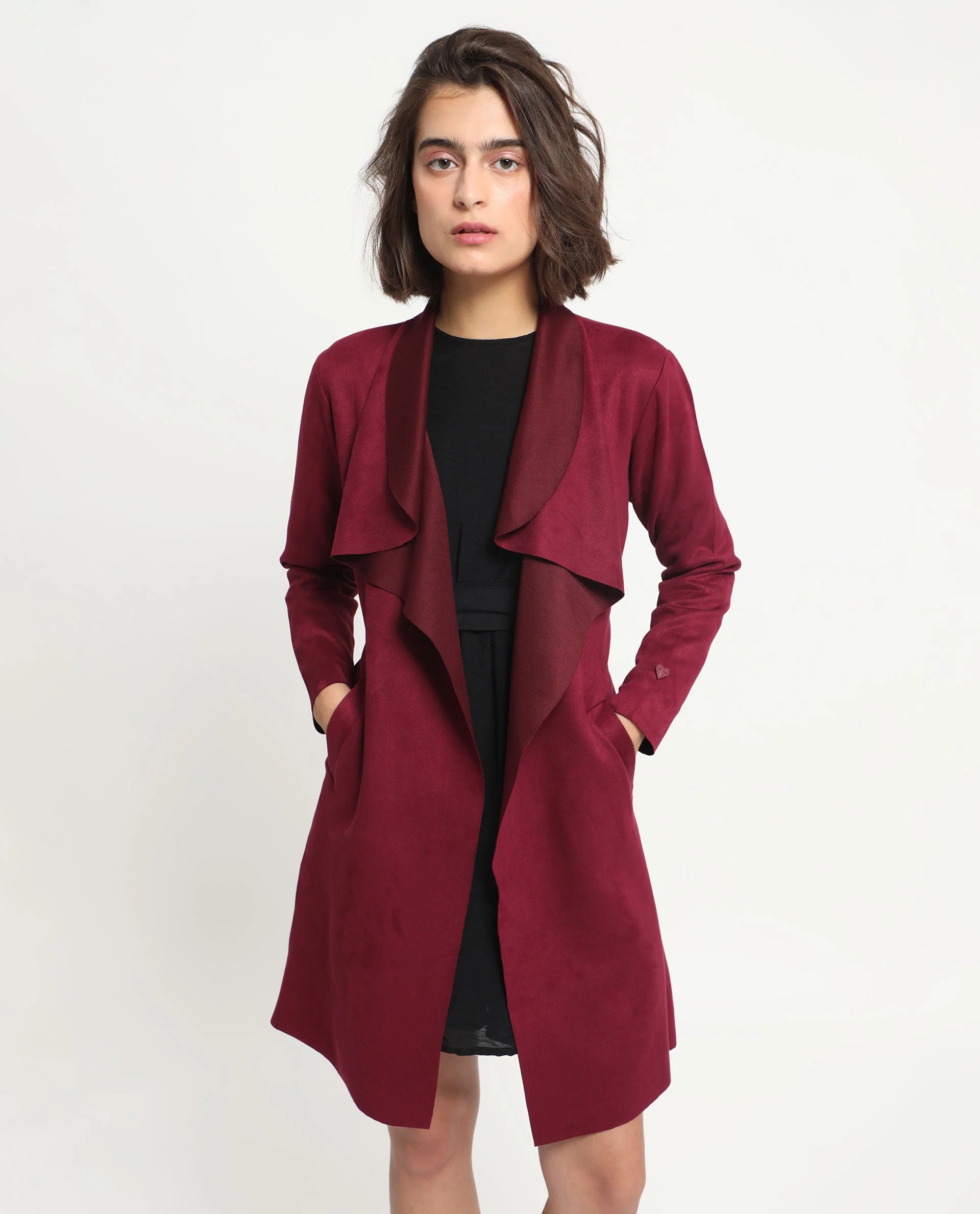 Rareism Women's Palmer 1 Maroon Polyester Cutaway Collar Plain Knee Length Relaxed Fit Jacket - Image 3