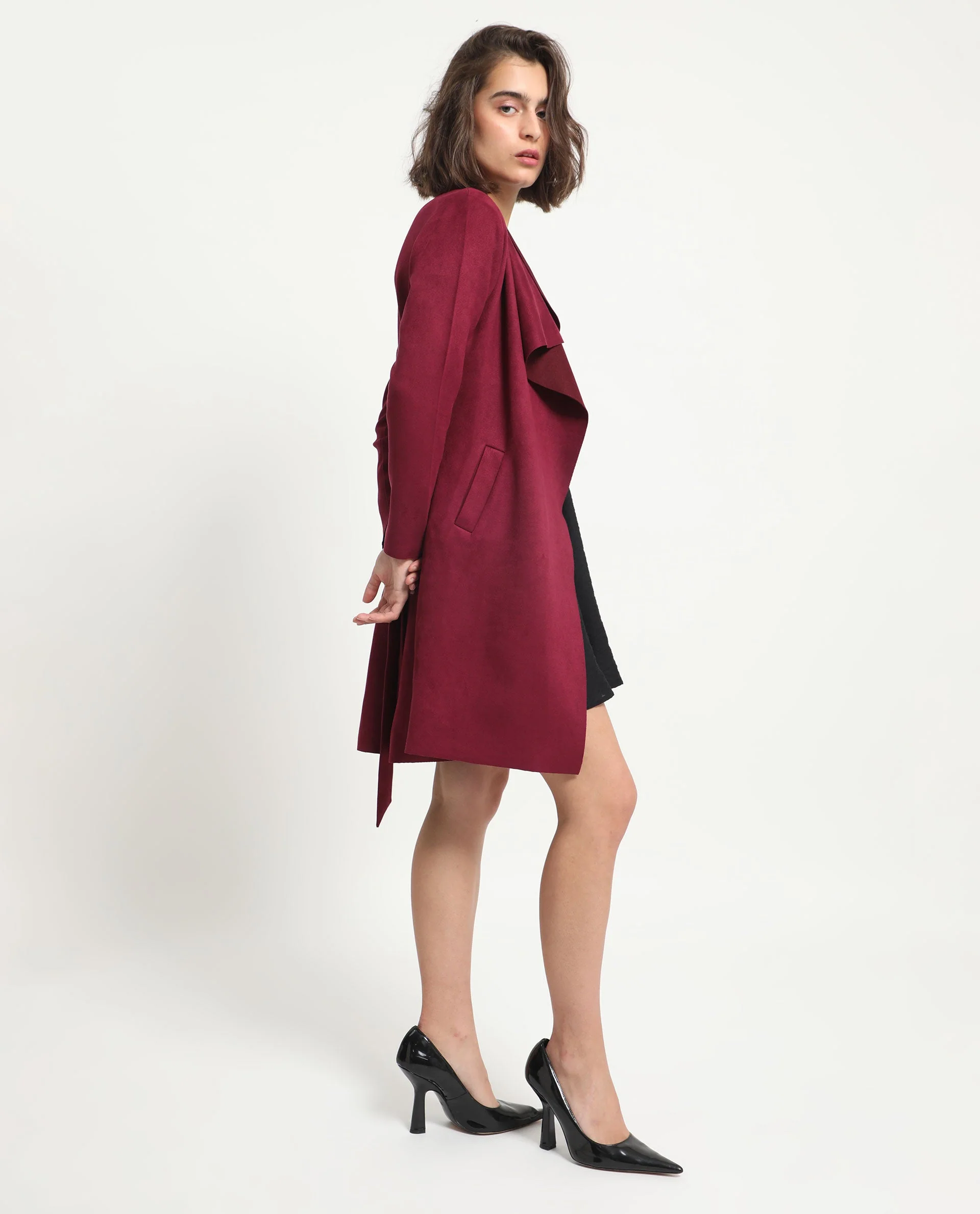 Rareism Women's Palmer 1 Maroon Polyester Cutaway Collar Plain Knee Length Relaxed Fit Jacket - Image 4