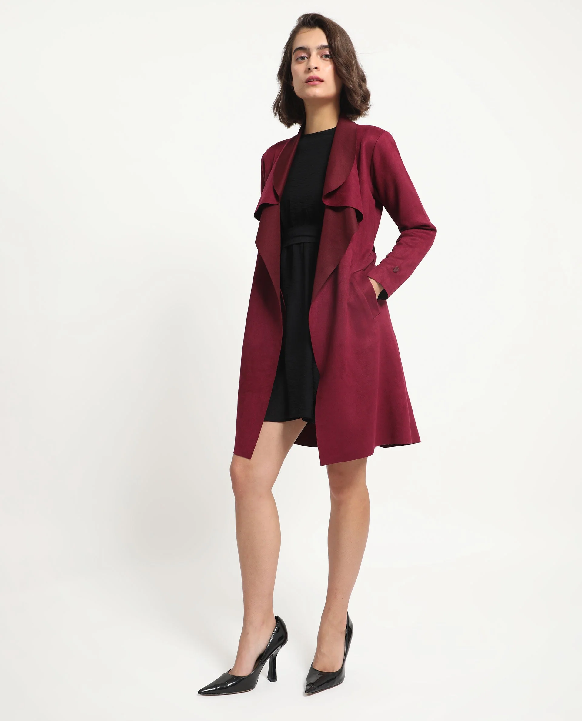 Rareism Women's Palmer 1 Maroon Polyester Cutaway Collar Plain Knee Length Relaxed Fit Jacket - Image 5