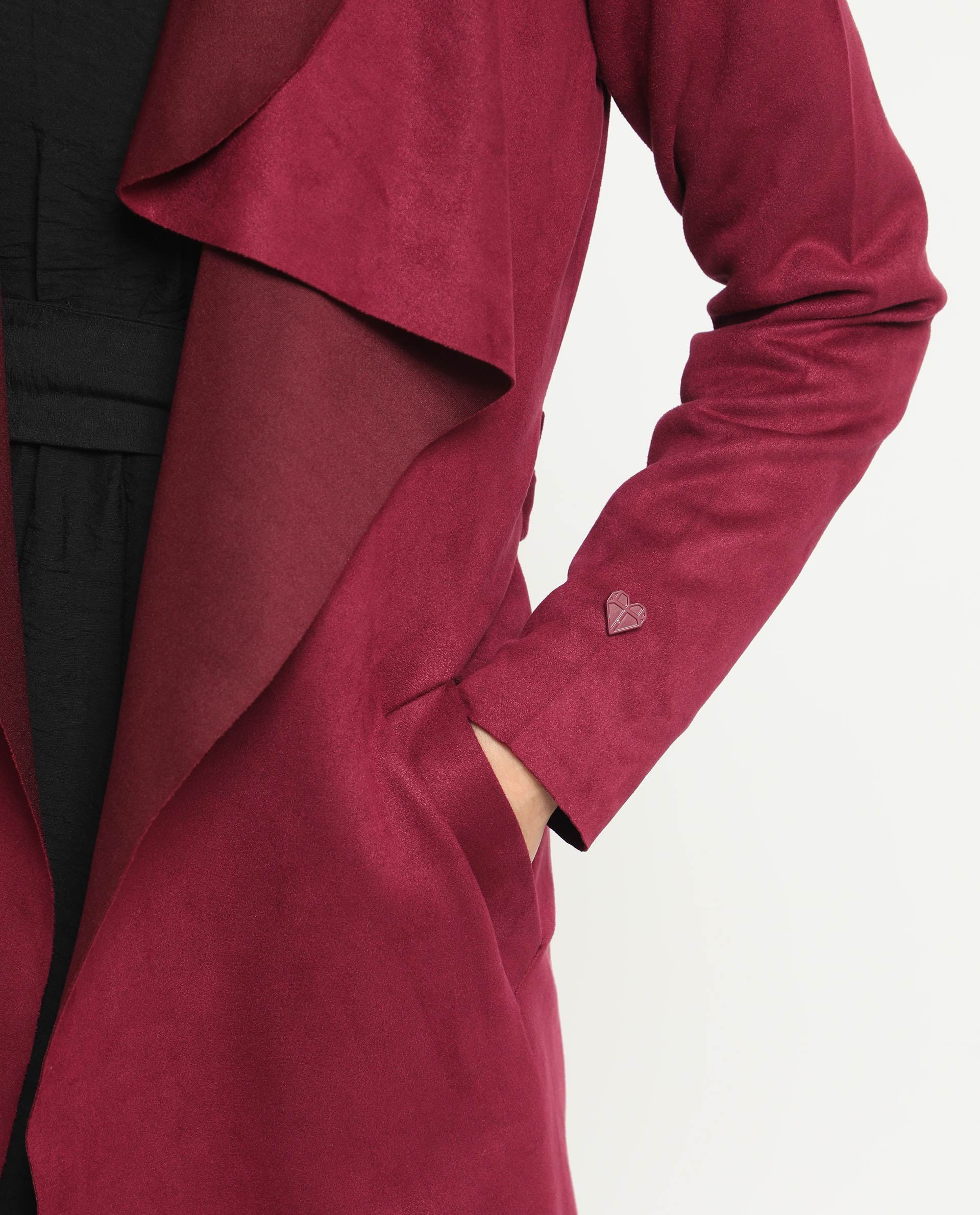 Rareism Women's Palmer 1 Maroon Polyester Cutaway Collar Plain Knee Length Relaxed Fit Jacket - Image 6